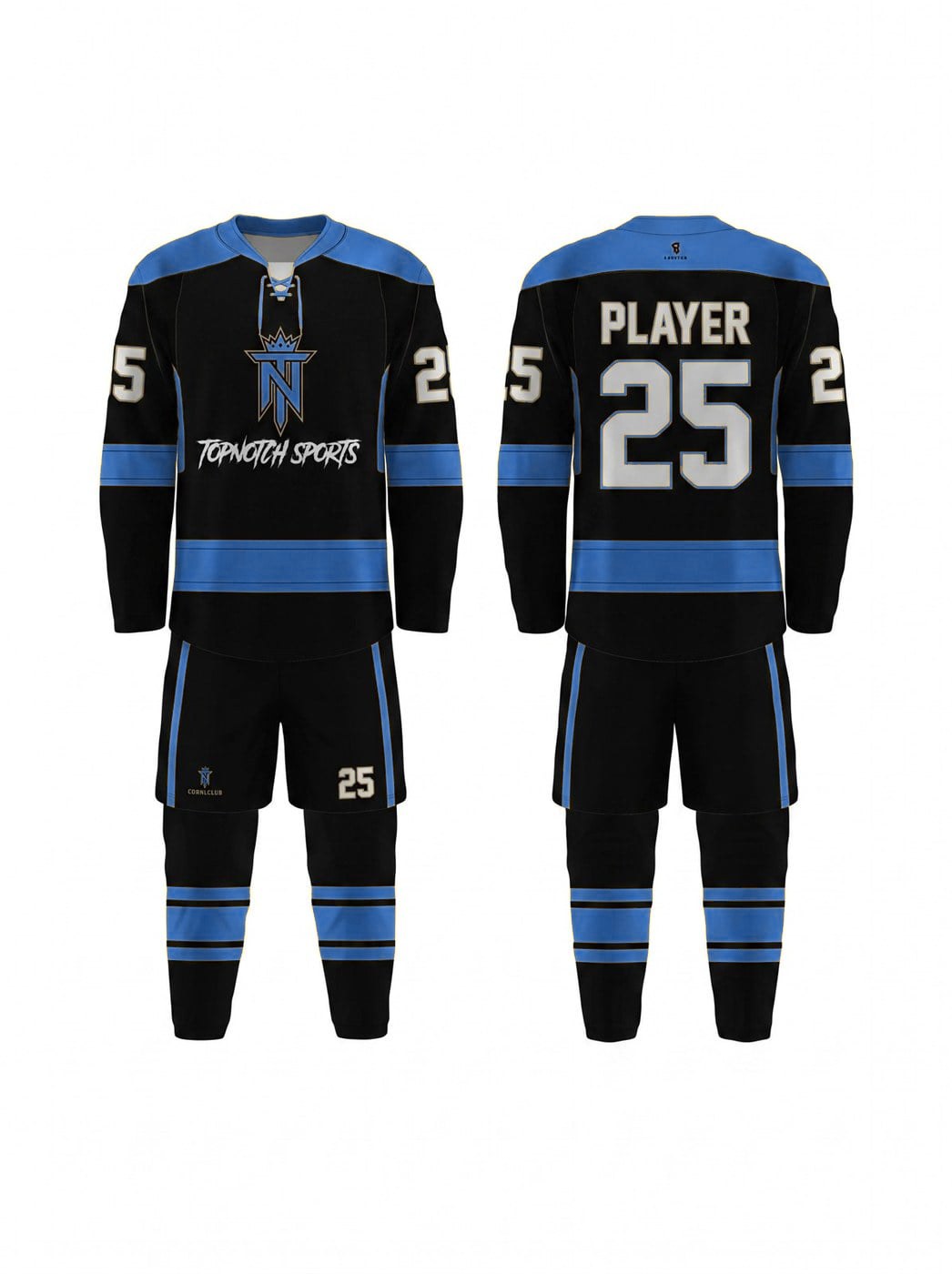 The same custom hockey jersey design recoloured royal blue as an example, custom colour option two