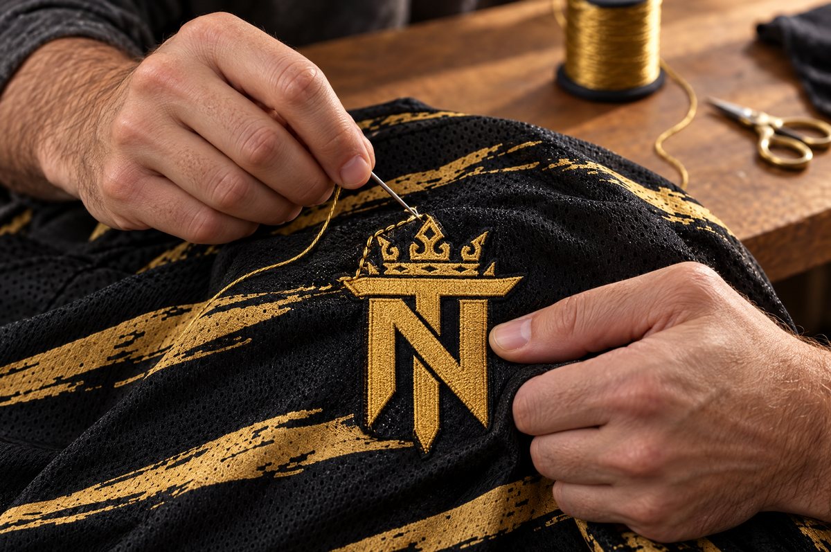 Hands stitching a gold crowned TN patch onto a black and gold Top Notch jersey