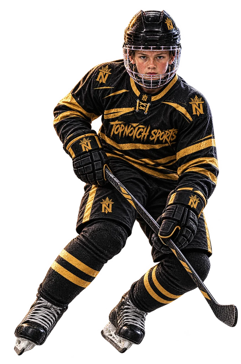 Youth hockey player in a black and gold Top Notch Sports jersey stopping hard and spraying ice