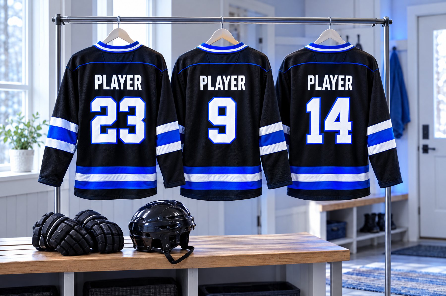 Three hockey jerseys with player names and numbers hang to air-dry on a rack Three hockey jerseys with player names and numbers hang to air-dry on a rack
