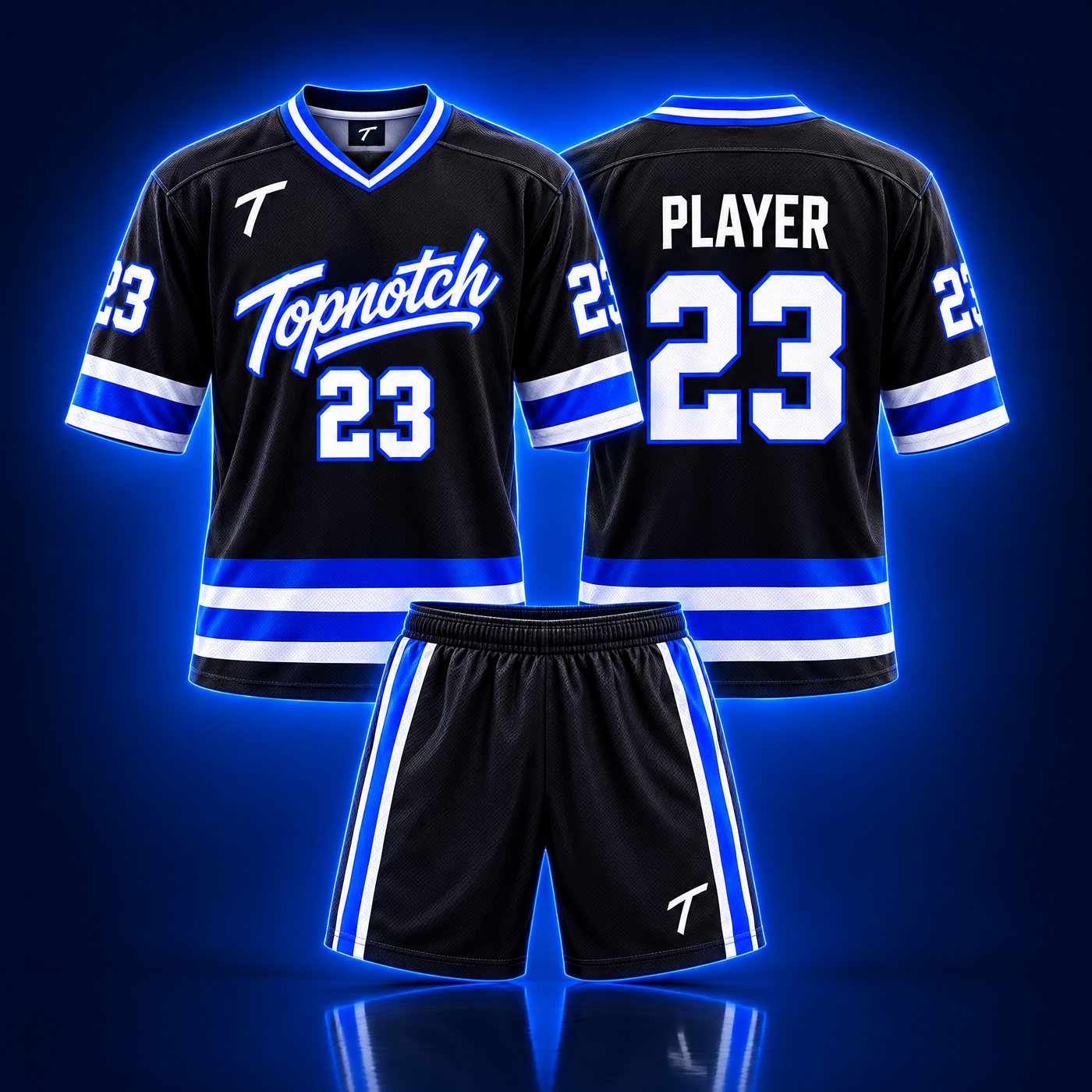 Exemple de design : chandail de hockey-balle Topnotch à manches courtes, avant et arrière, avec short assorti
