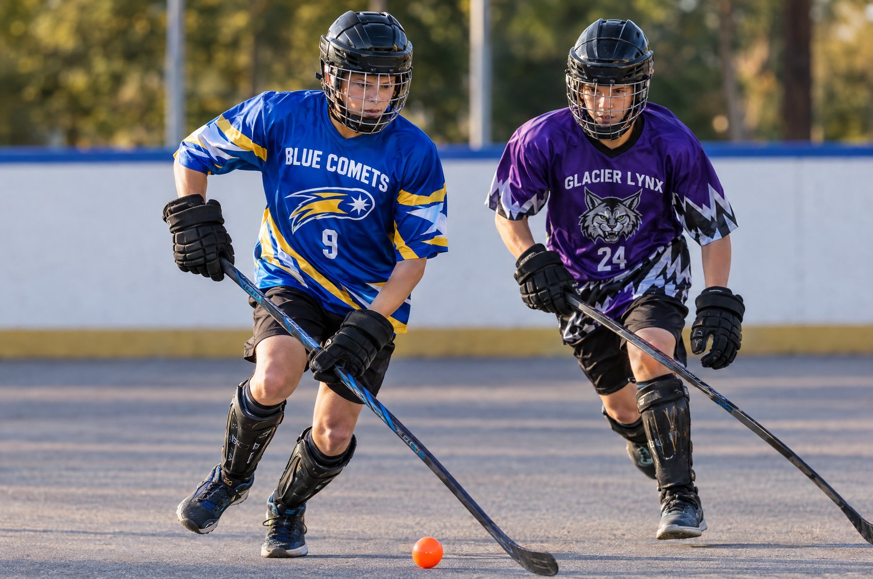 Jeunes joueurs de hockey-balle en chandails des Blue Comets et des Glacier Lynx (exemples de design) à la poursuite de la balle sur une surface extérieure