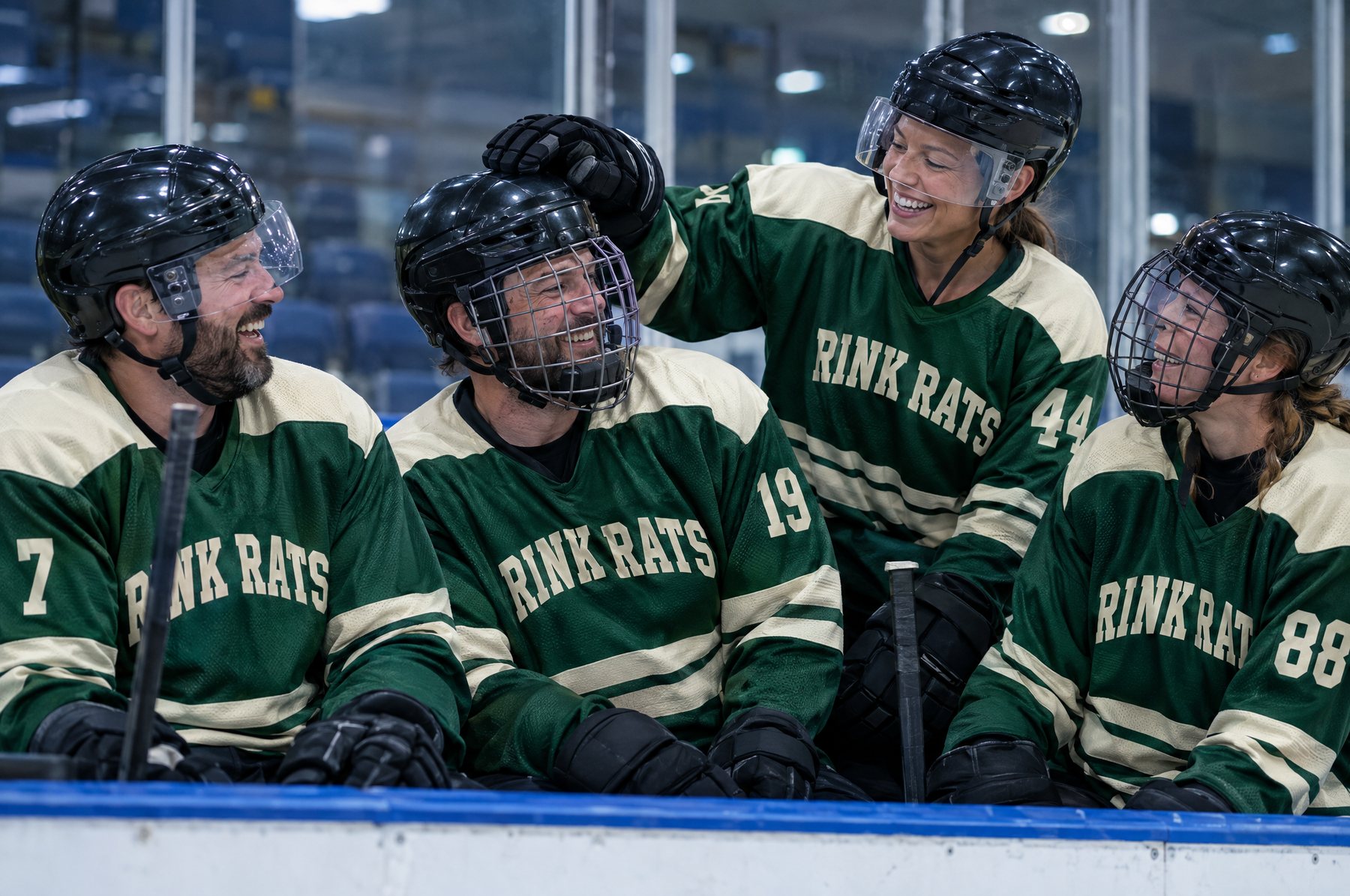 Des coéquipiers d'une ligue de garage en chandails verts et crème des Rink Rats (exemples de design) rient sur le banc