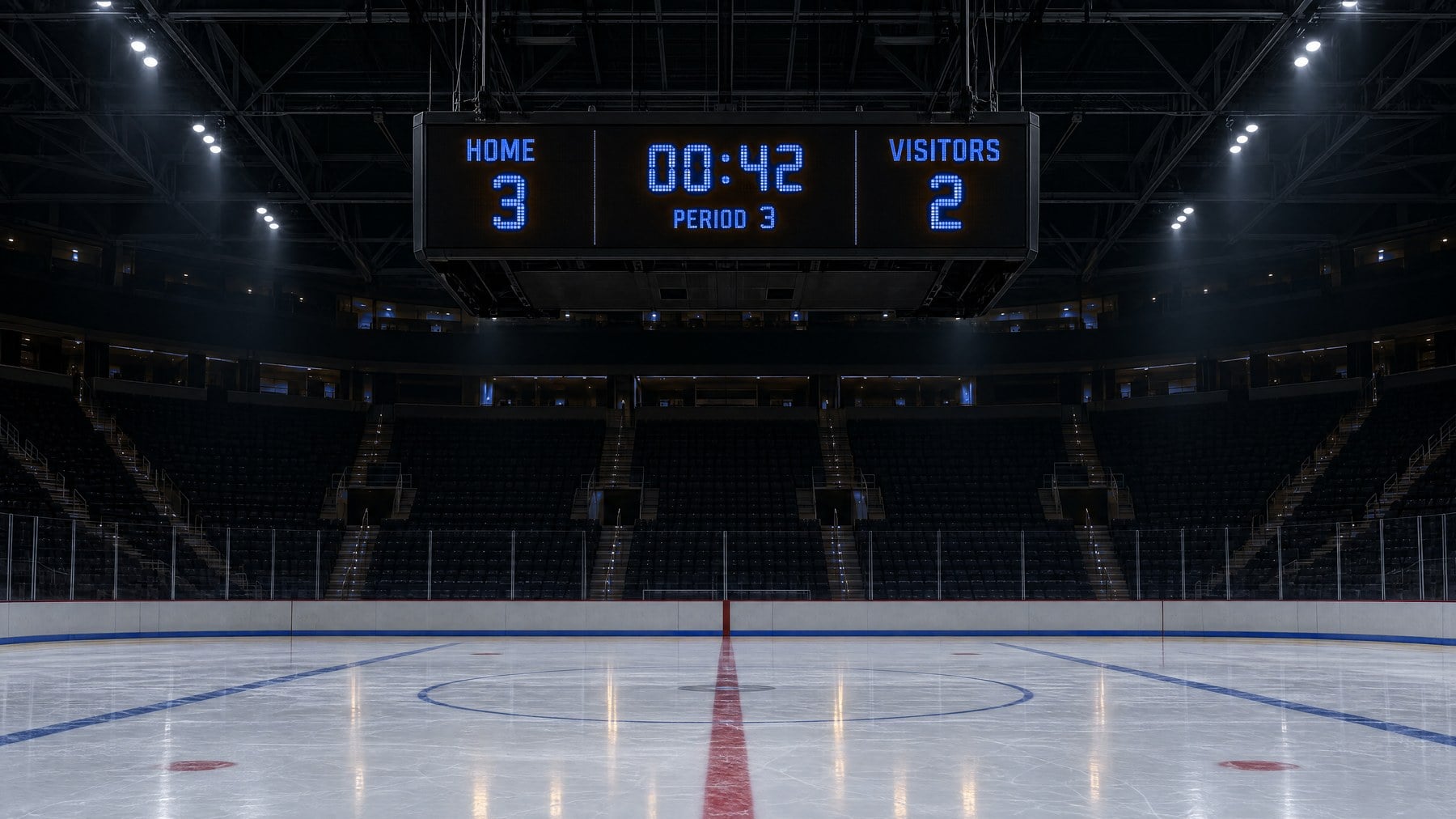 Aréna de hockey avec tableau indicateur bleu électrique et reflets nets sur la glace