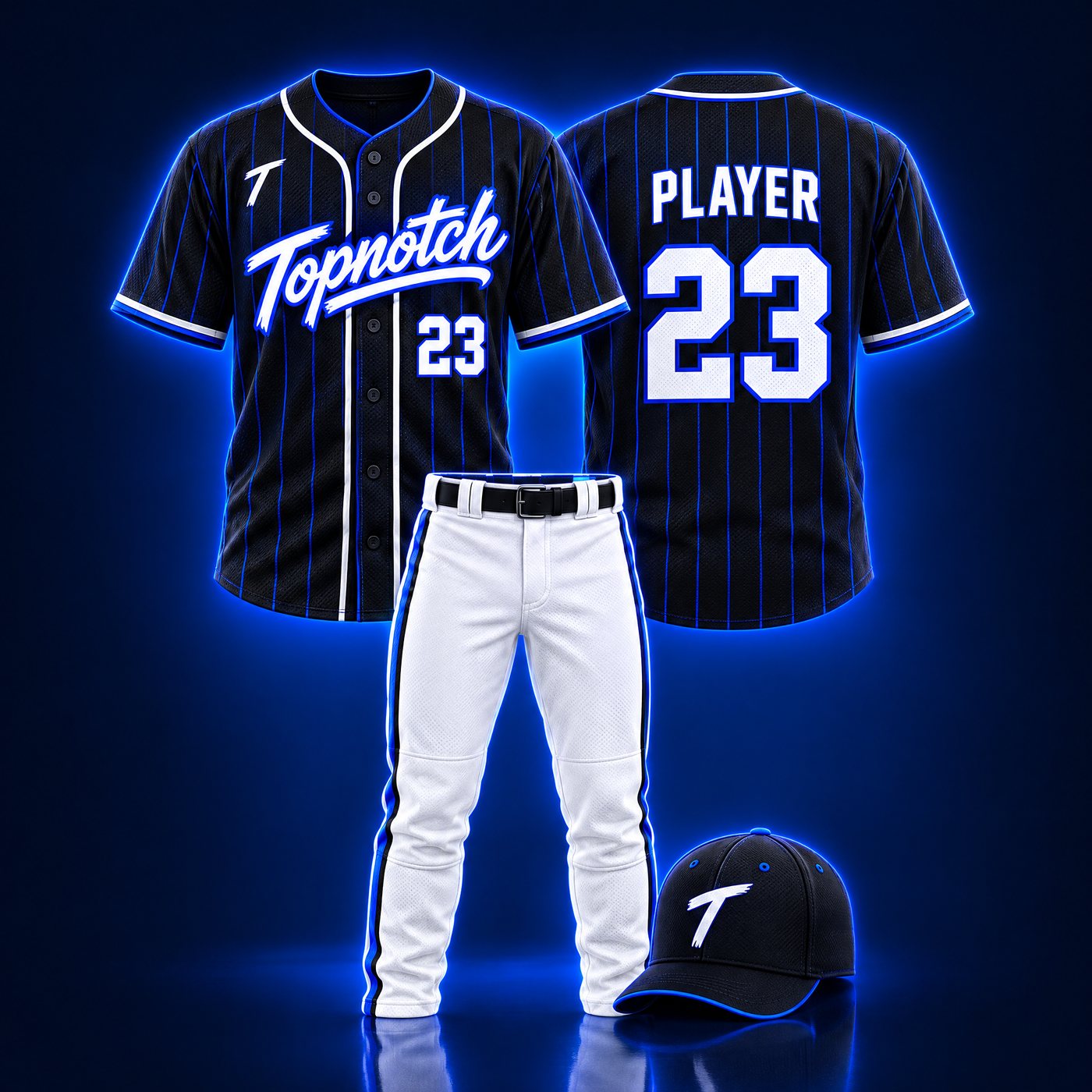 Exemple de design : chandail de baseball Topnotch à fines rayures noir et bleu électrique, avant et arrière, avec pantalon blanc et casquette
