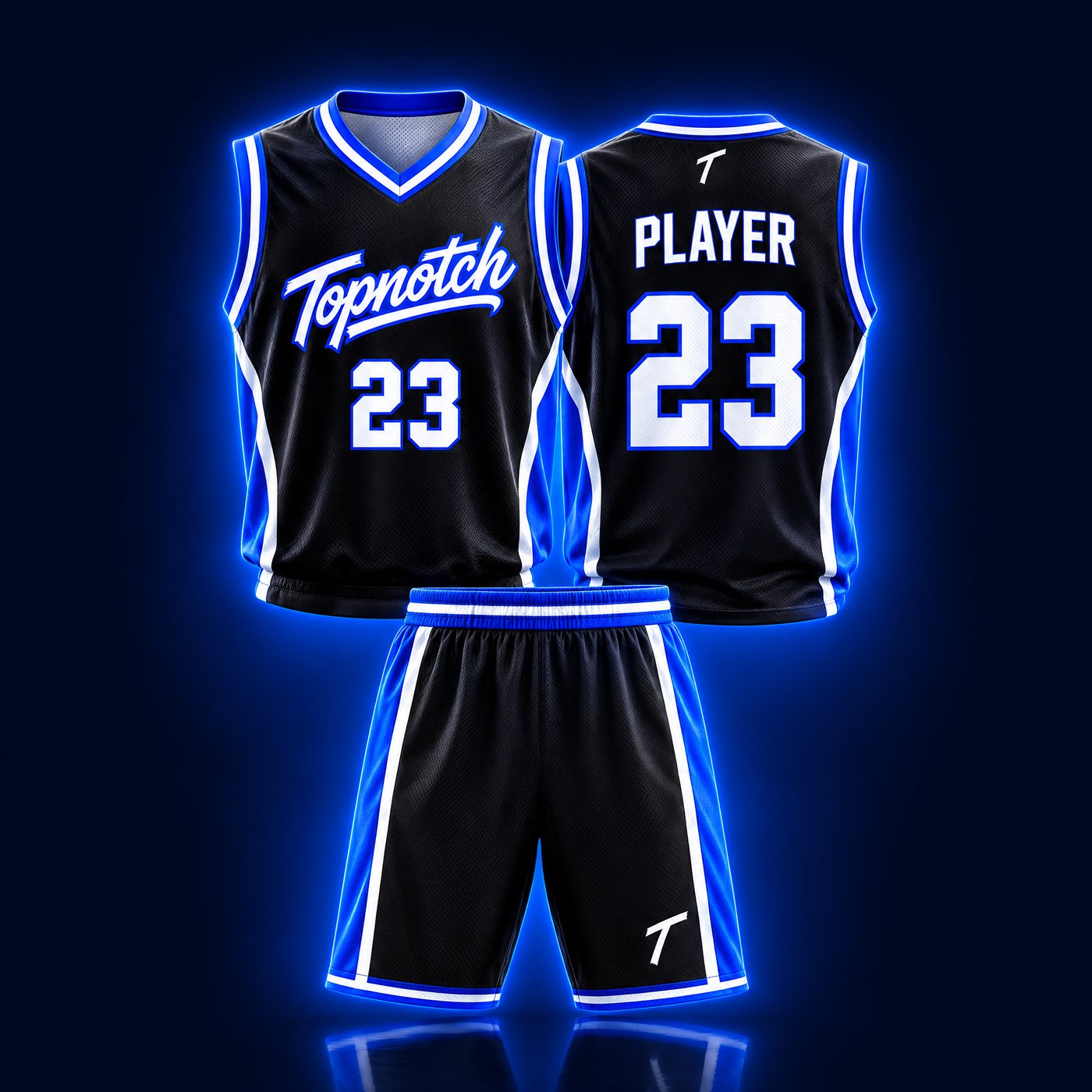 Exemple de design : chandail de basketball Topnotch noir et bleu électrique, avant et arrière, avec short assorti