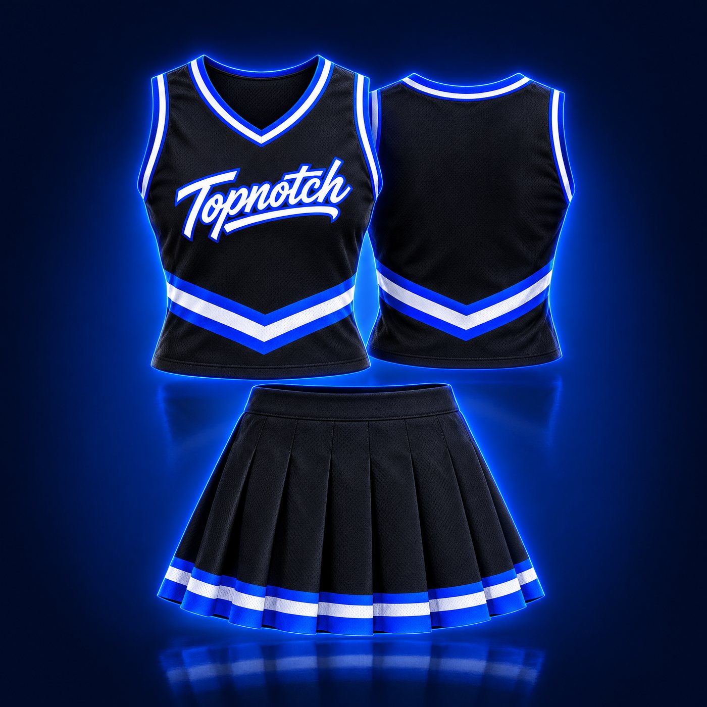 Exemple de design : haut de cheerleading Topnotch noir et bleu électrique, avant et arrière, avec jupe plissée