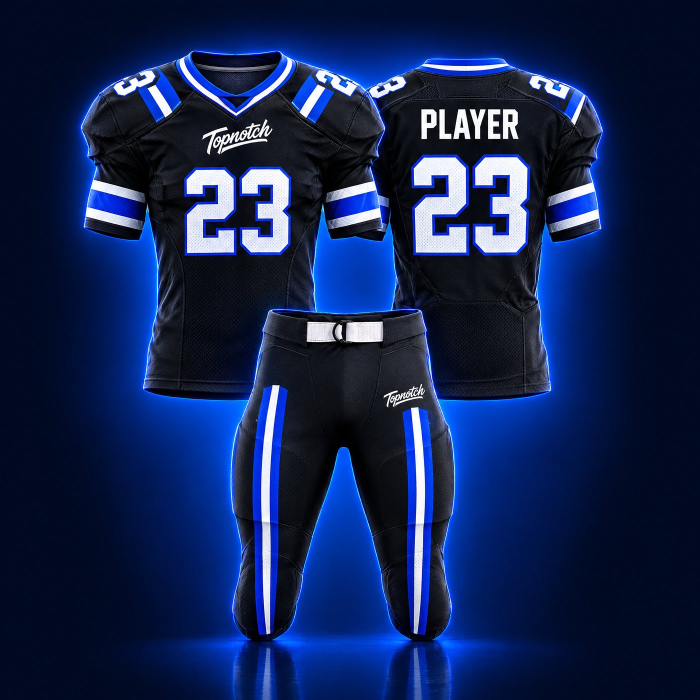 Exemple de design : chandail de football Topnotch noir et bleu électrique, avant et arrière, avec pantalon
