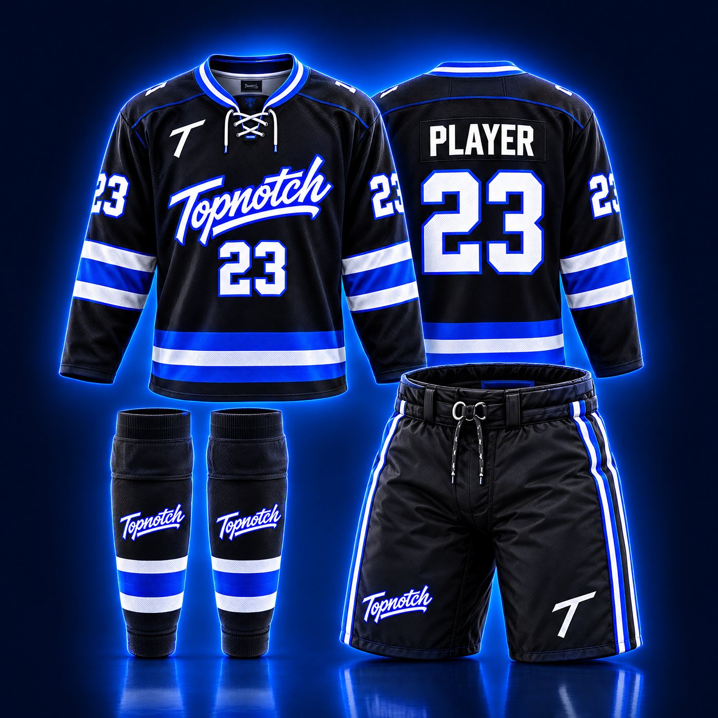 Exemple de design : ensemble de hockey Topnotch noir et bleu électrique, chandail avant et arrière, bas et culotte