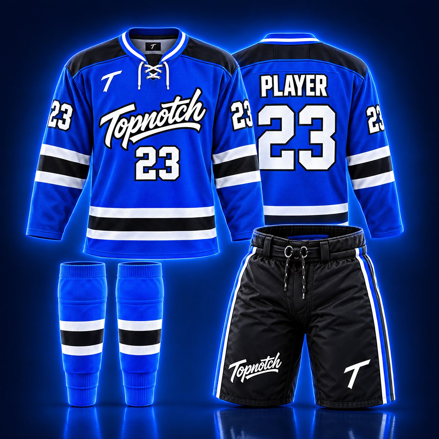 Exemple de design : ensemble de hockey Topnotch bleu électrique, chandail avant et arrière, bas et culotte