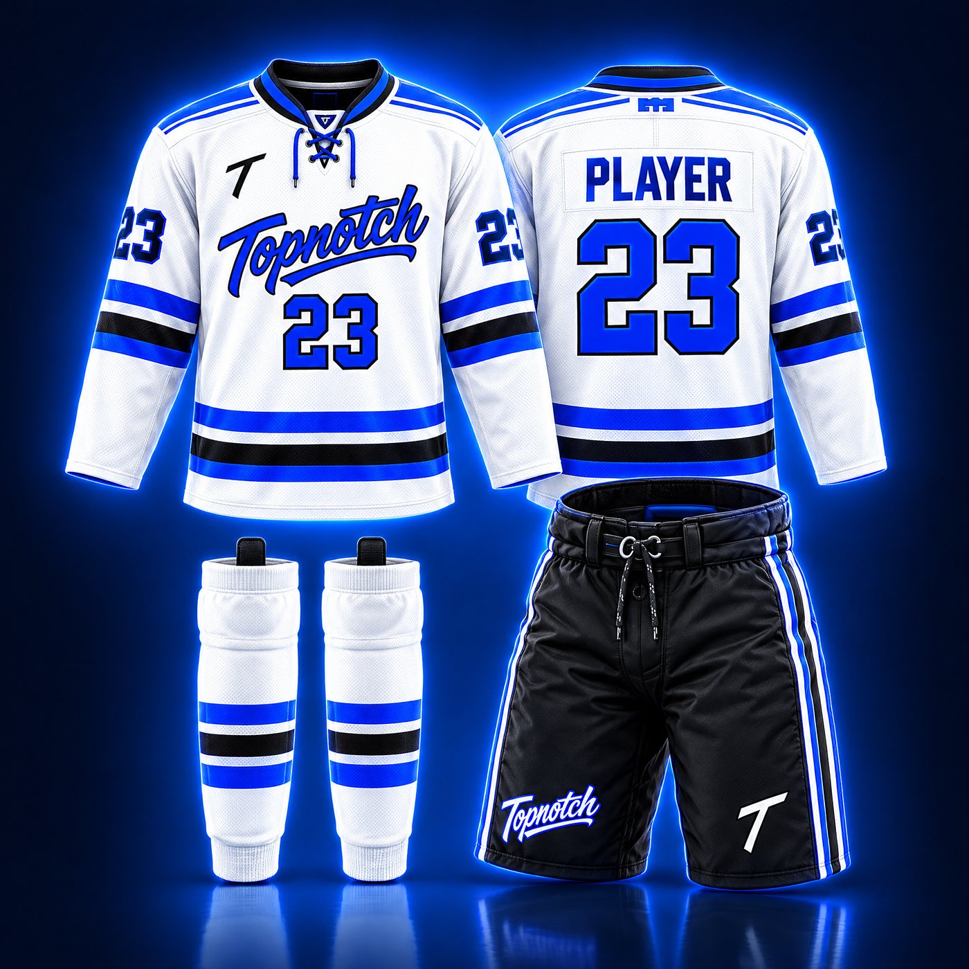 Exemple de design : ensemble de hockey Topnotch blanc et bleu électrique, chandail avant et arrière, bas et culotte