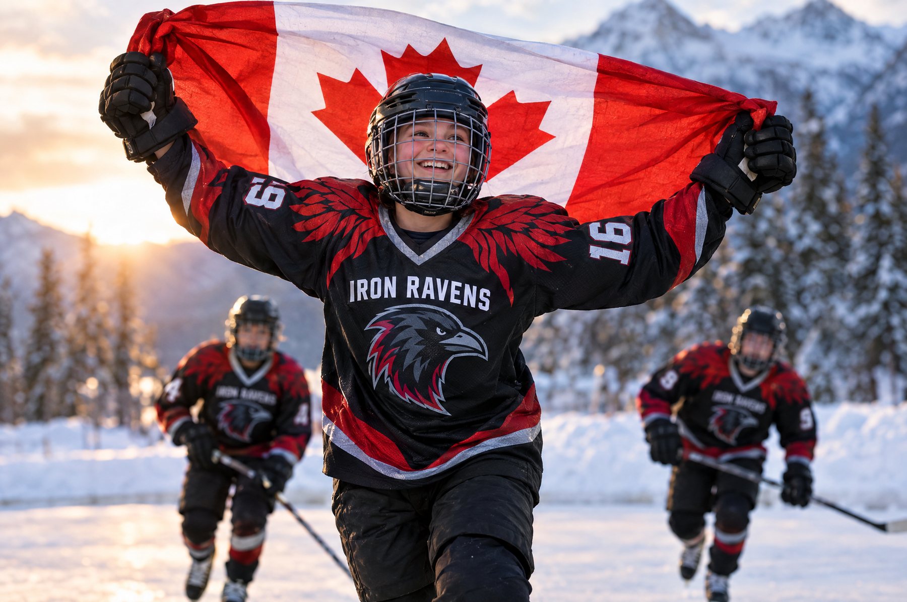 Jeune joueur de hockey en chandail des Iron Ravens (exemple de design) patinant avec un drapeau canadien sur une patinoire extérieure dans les Rocheuses Jeune joueur de hockey en chandail des Iron Ravens (exemple de design) patinant avec un drapeau canadien sur une patinoire extérieure dans les Rocheuses