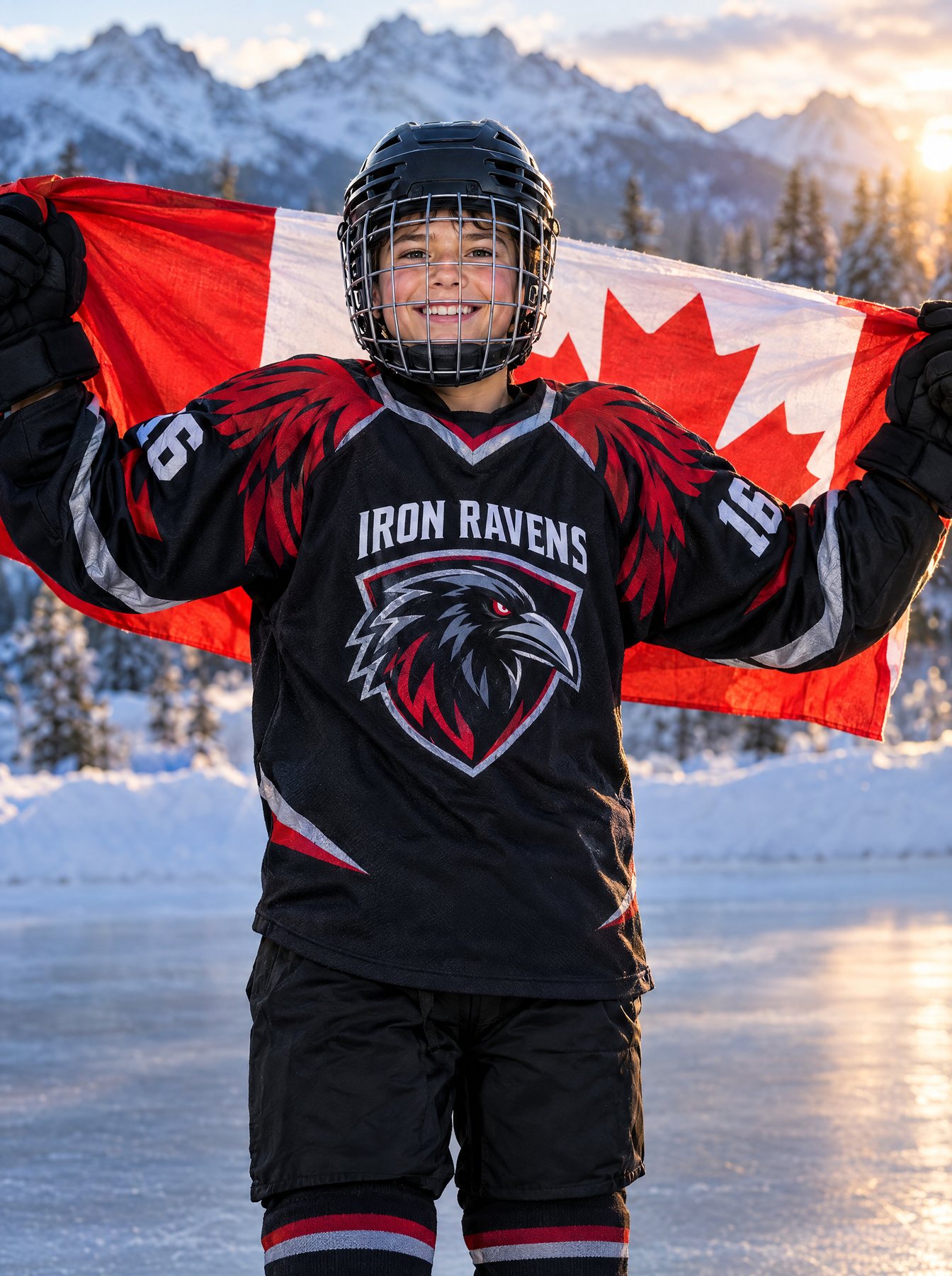 Jeune joueur de hockey en chandail des Iron Ravens (exemple de design) tenant un drapeau canadien sur une patinoire extérieure dans les Rocheuses