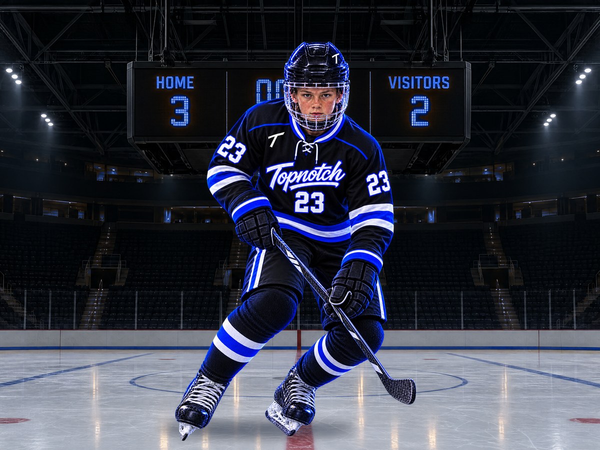 Jeune joueur de hockey en chandail Topnotch noir, blanc et bleu électrique, numéro 23, freinant dans une gerbe de glace dans un aréna éclairé en bleu