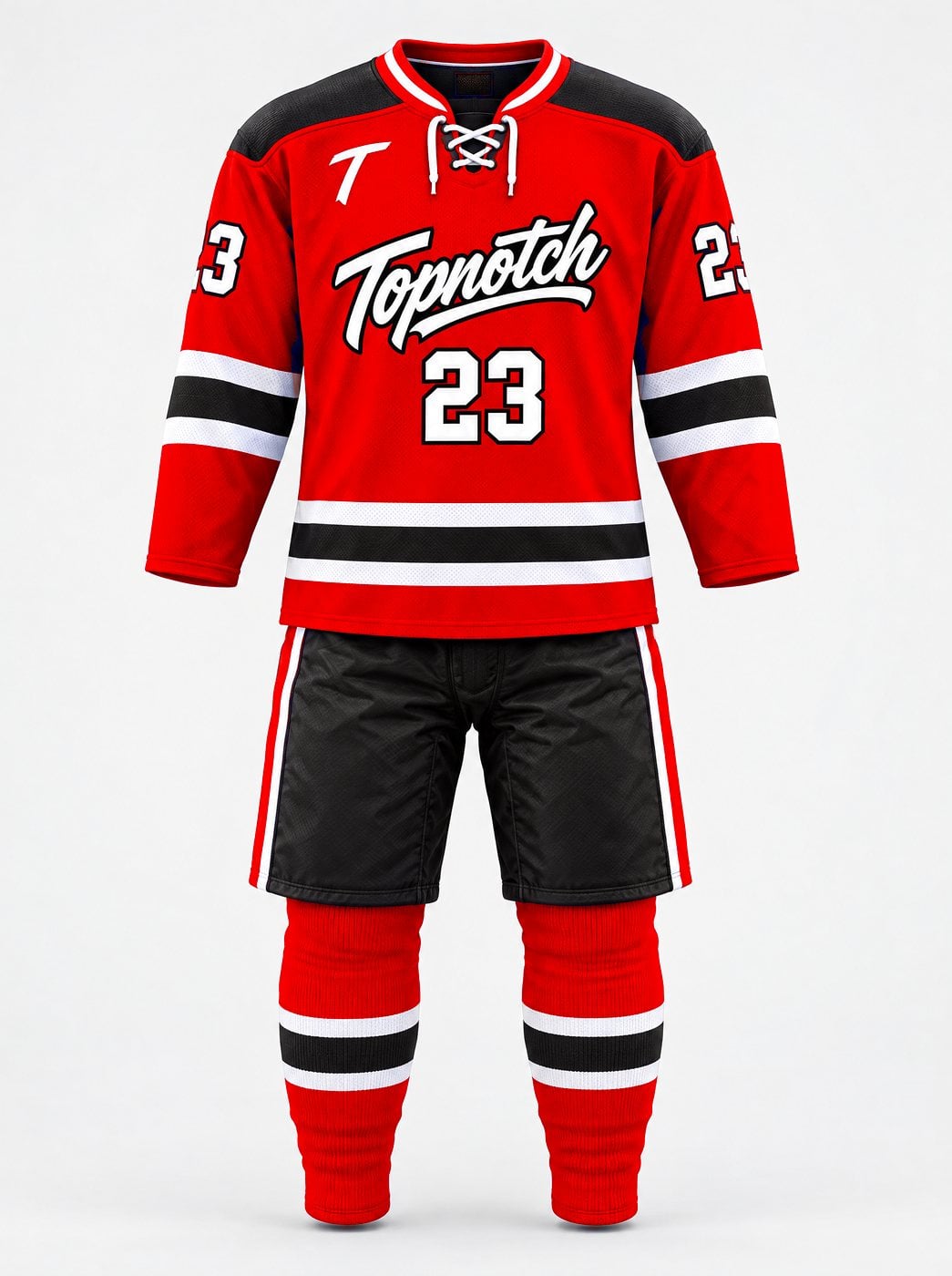 Exemple de design : le même uniforme de hockey Topnotch recoloré en rouge, deuxième option de couleurs d'équipe