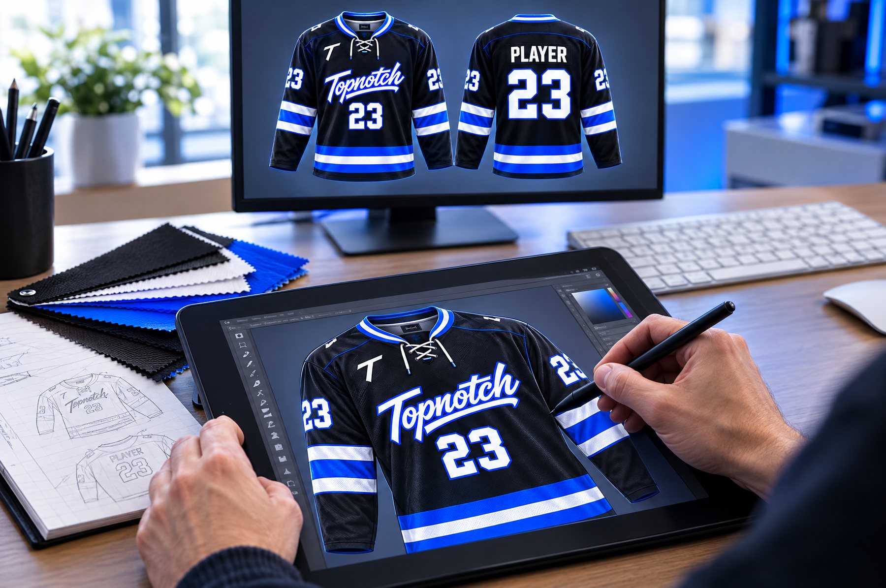 Un designer dessine la maquette d'un chandail de hockey Topnotch sur une tablette