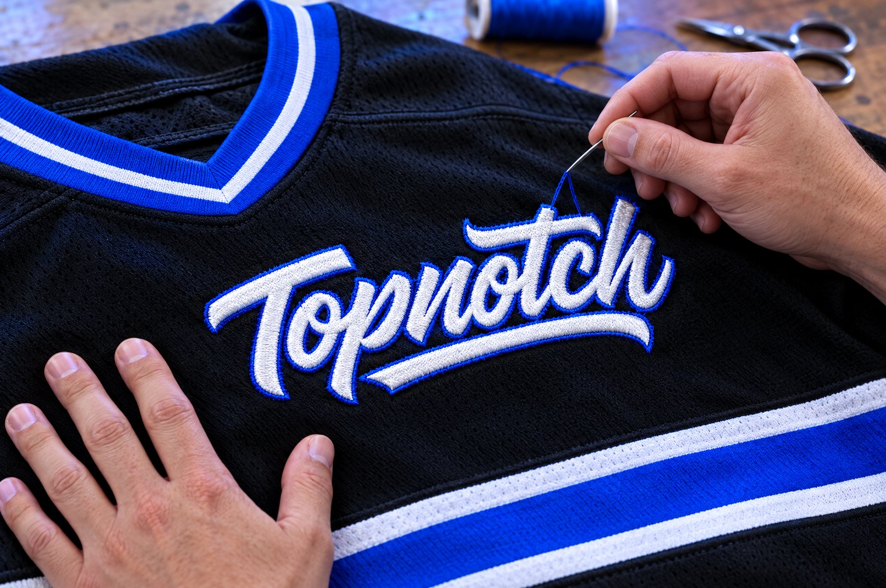 Des mains cousent un écusson Topnotch blanc et bleu électrique sur un chandail de hockey noir