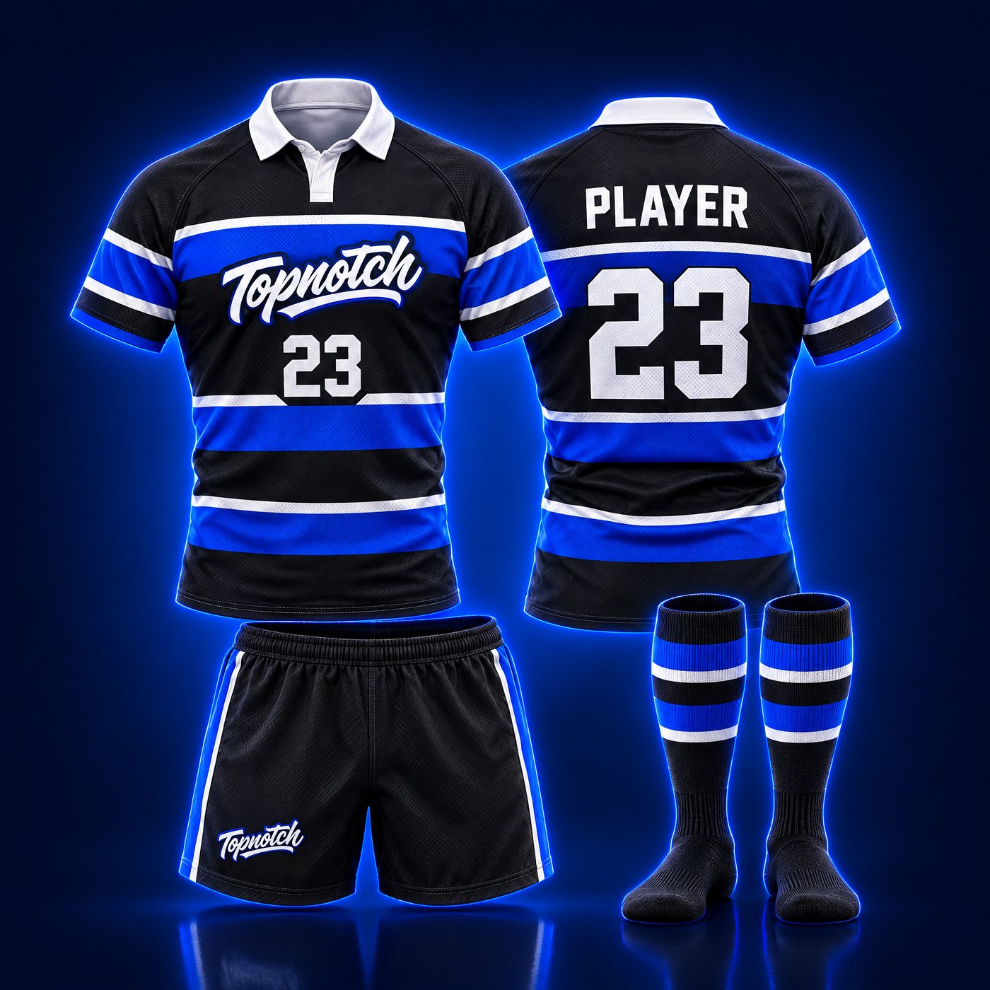 Exemple de design : chandail de rugby Topnotch rayé noir et bleu électrique, avant et arrière, avec short et bas