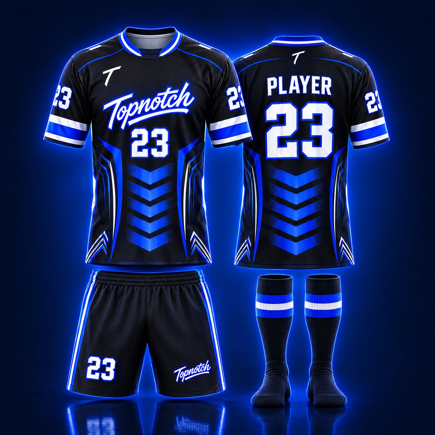 Exemple de design : ensemble de soccer Topnotch noir et bleu électrique, chandail avant et arrière, short et bas
