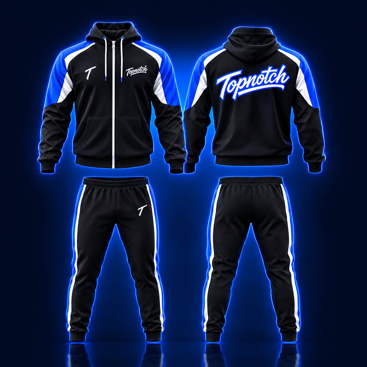 Exemple de design : survêtement d'équipe Topnotch noir et bleu électrique, veste avant et arrière avec pantalon