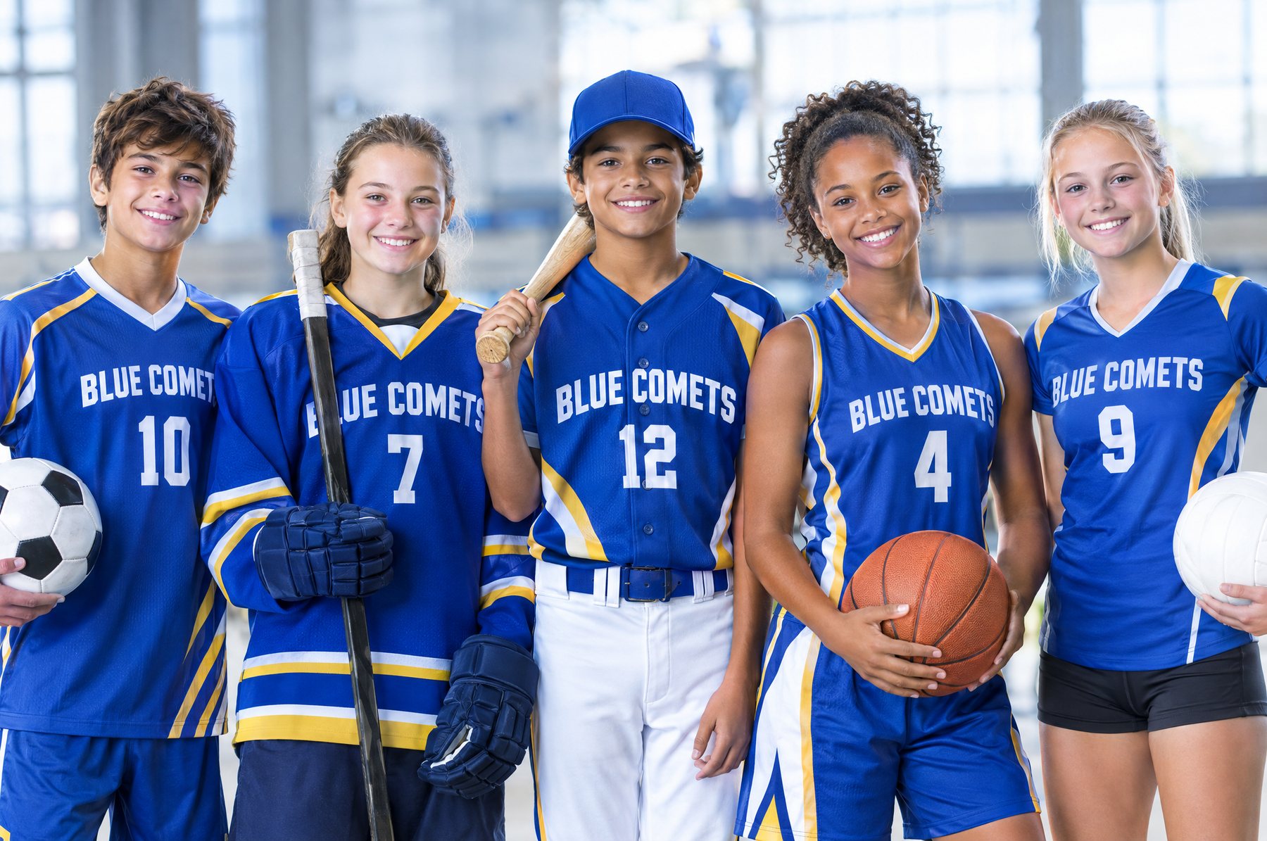 Cinq jeunes athlètes en uniformes assortis des Blue Comets (exemples de design) pour le soccer, le hockey, le baseball, le basketball et le volleyball