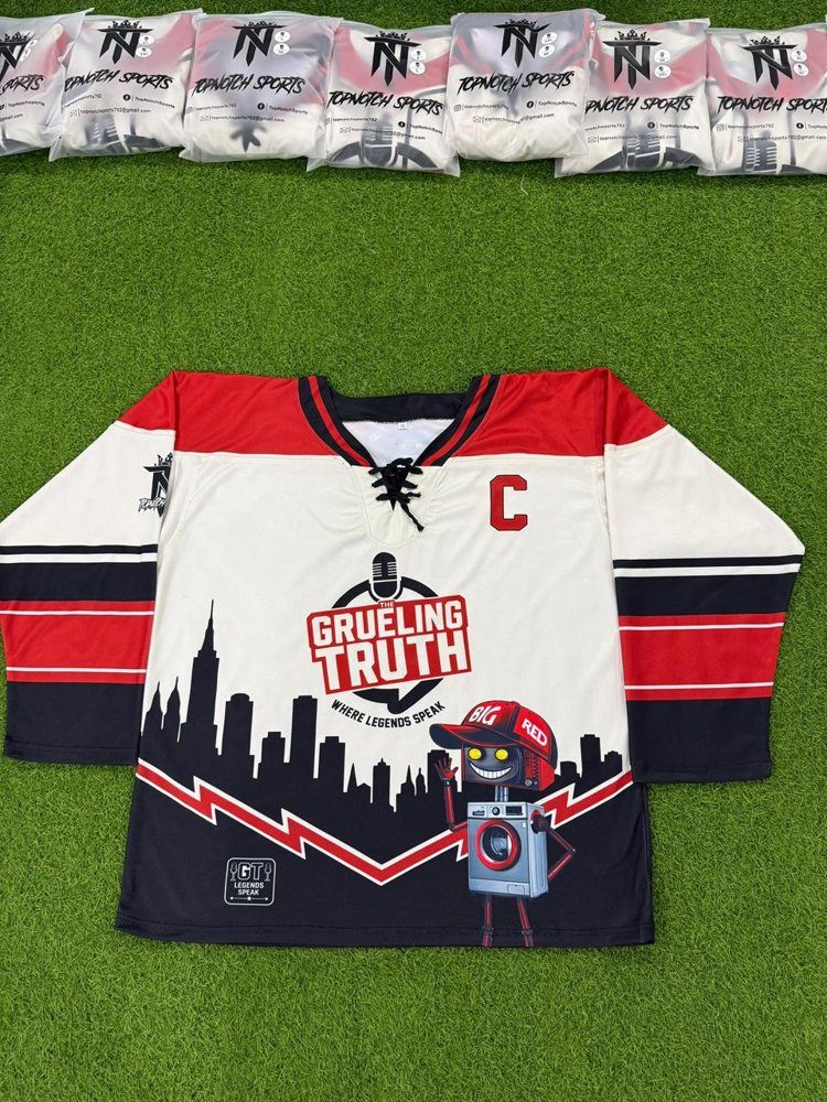 Commande de chandail de hockey personnalisé Top Notch : chandail Grueling Truth rouge, blanc et noir avec le C du capitaine
