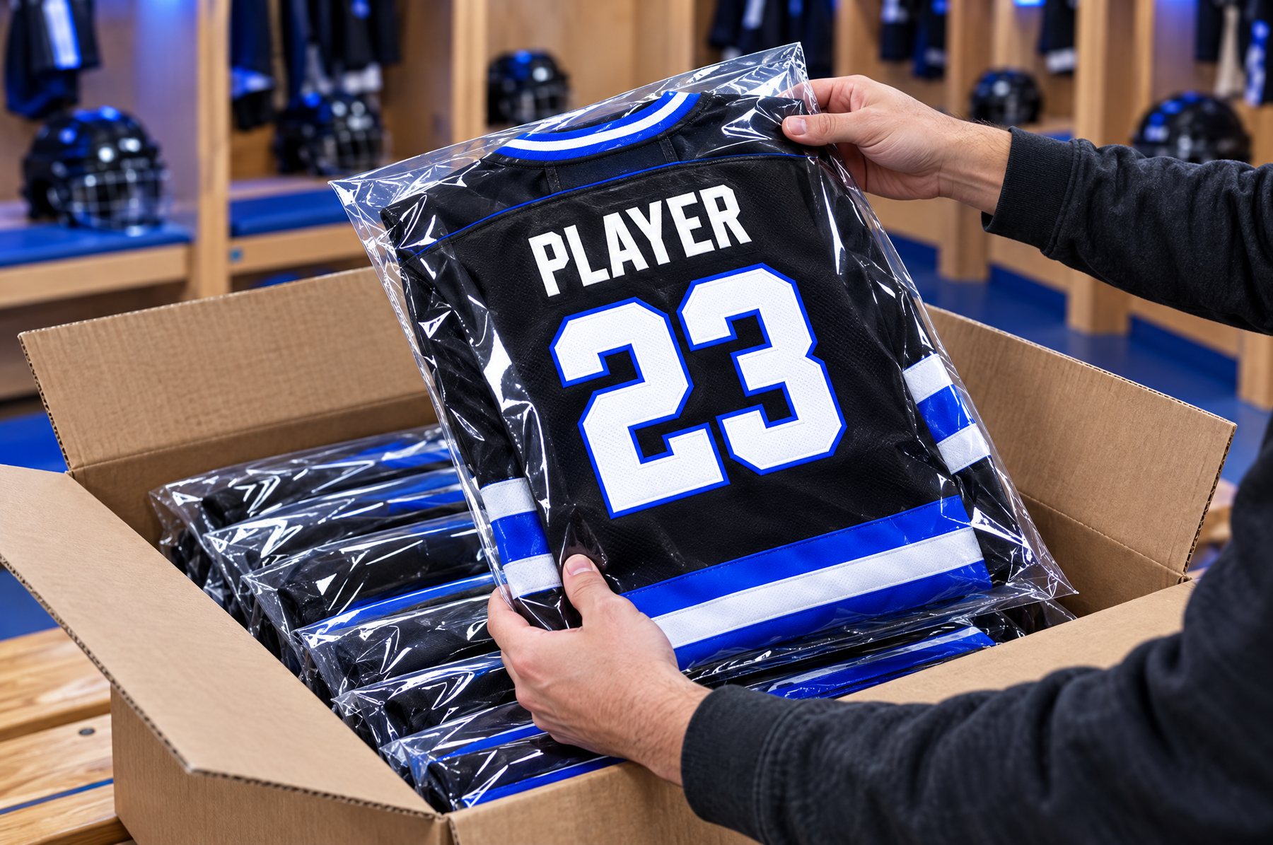 Des chandails de hockey ensachés, avec noms et numéros, sortent d'une boîte d'expédition dans un vestiaire