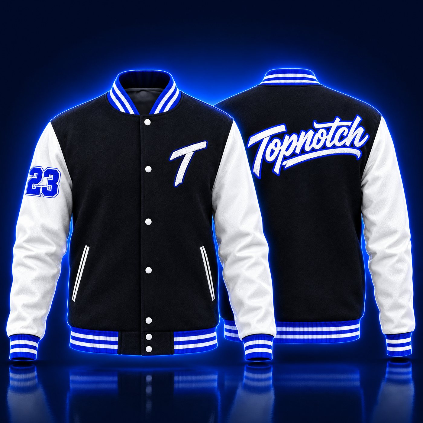 Exemple de design : veste universitaire Topnotch noire et blanche, avant et arrière