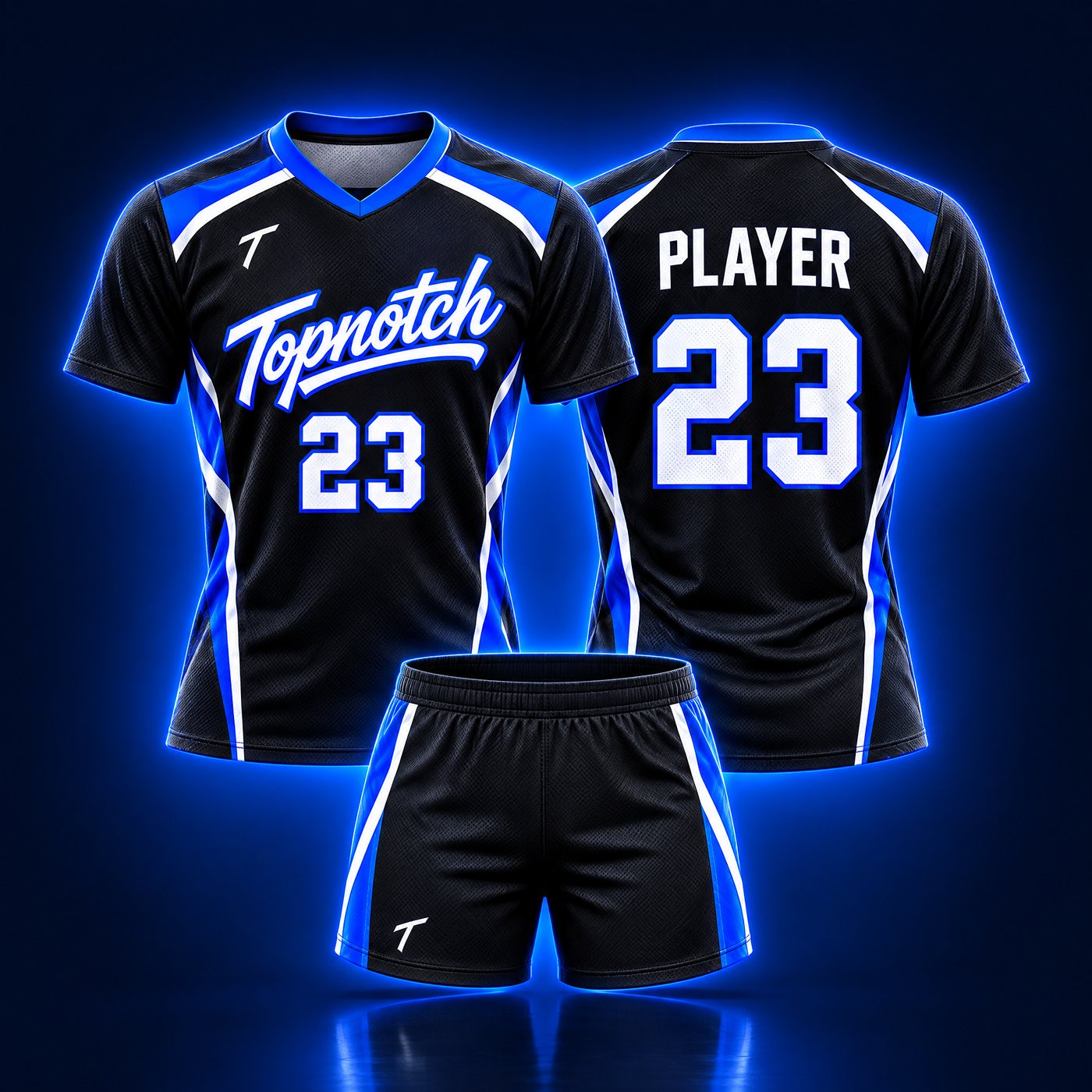 Exemple de design : chandail de volleyball Topnotch noir et bleu électrique, avant et arrière, avec short