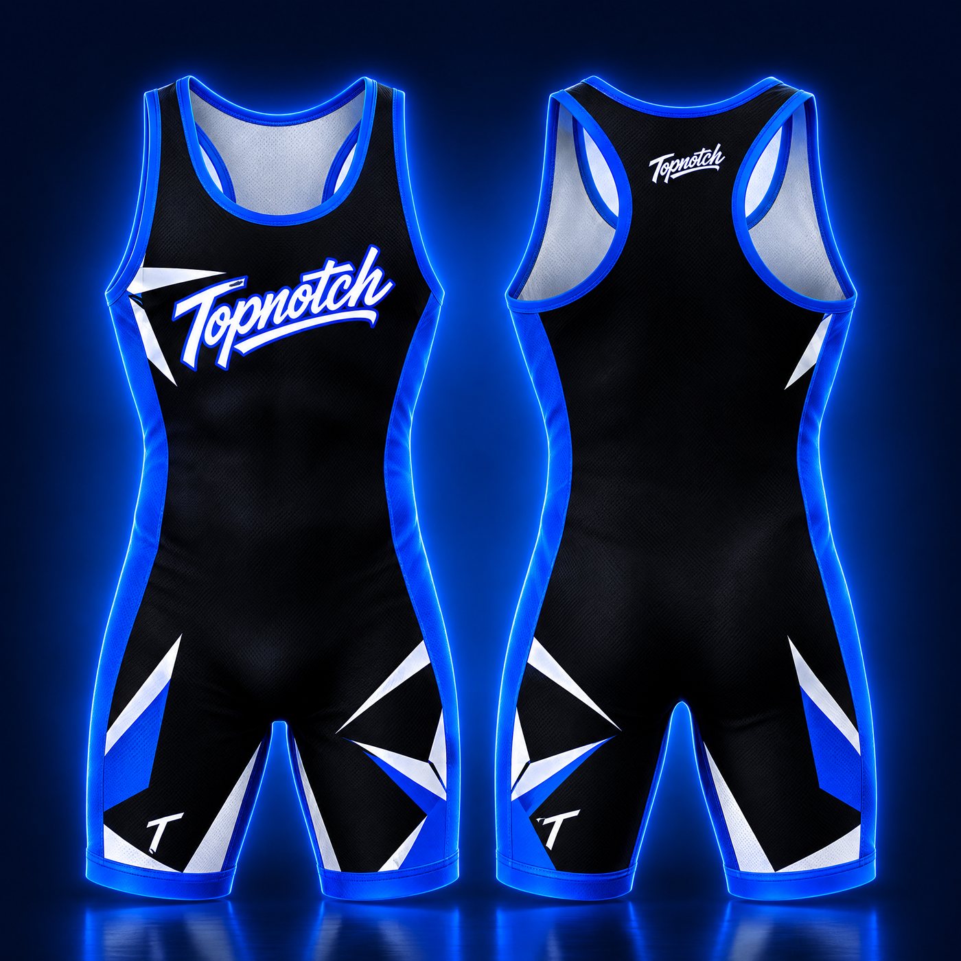 Exemple de design : maillot de lutte Topnotch noir et bleu électrique, avant et arrière