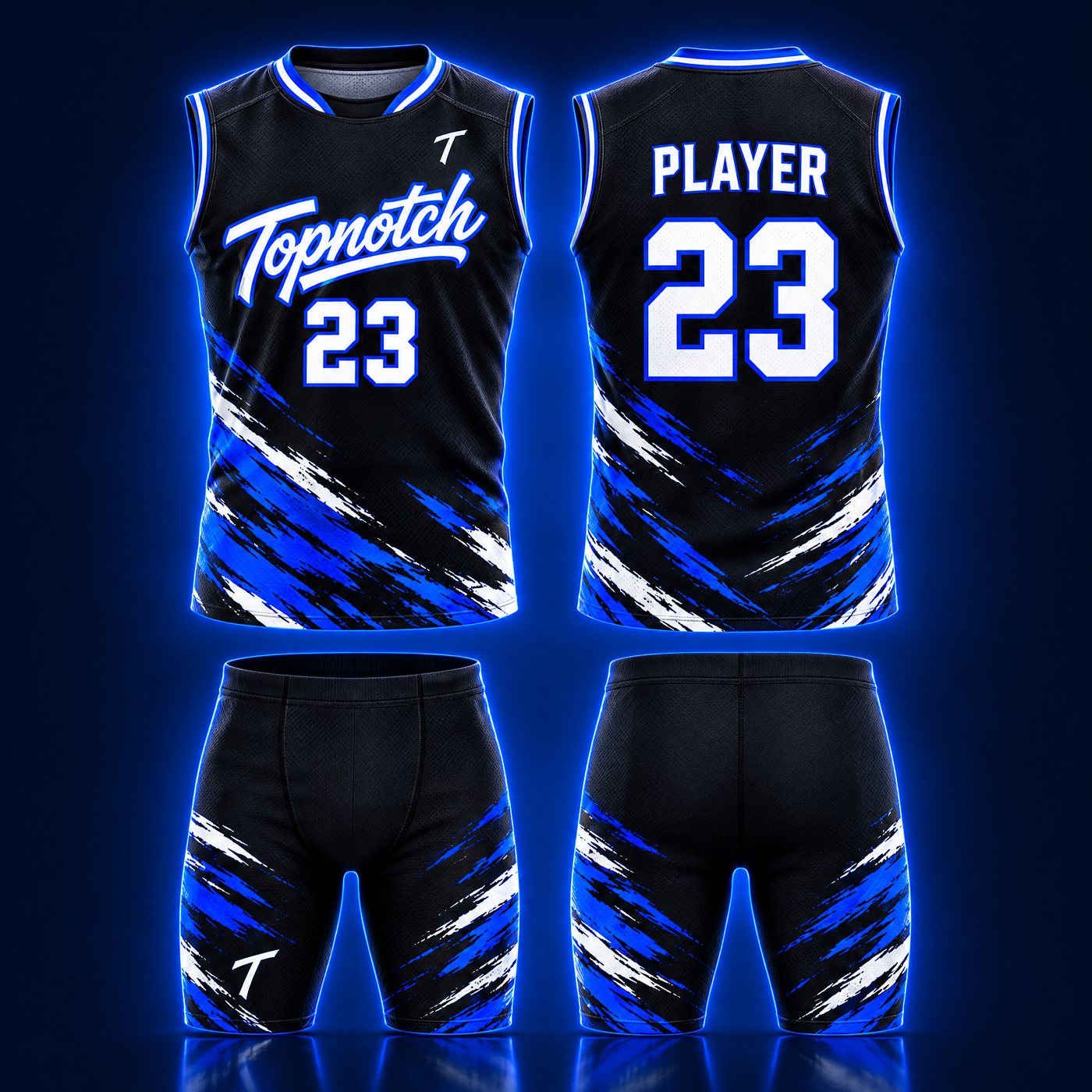 Exemple de design : chandail de flag-football Topnotch sans manches, avant et arrière, avec short assorti