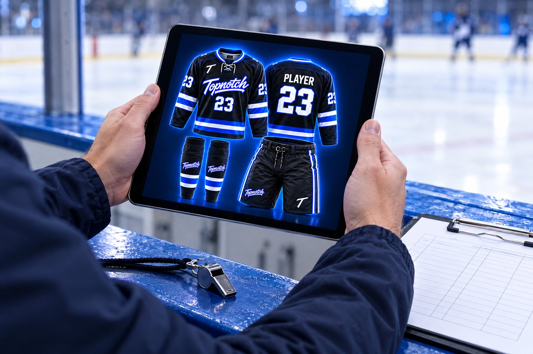 Un entraîneur examine la maquette d'un ensemble de hockey Topnotch sur une tablette à l'aréna