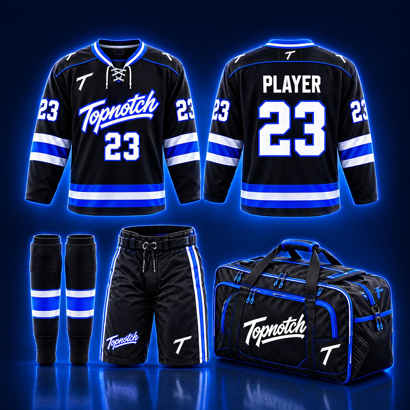 Exemple de design : ensemble de hockey Topnotch complet avec chandail, bas, culotte et sac d'équipe
