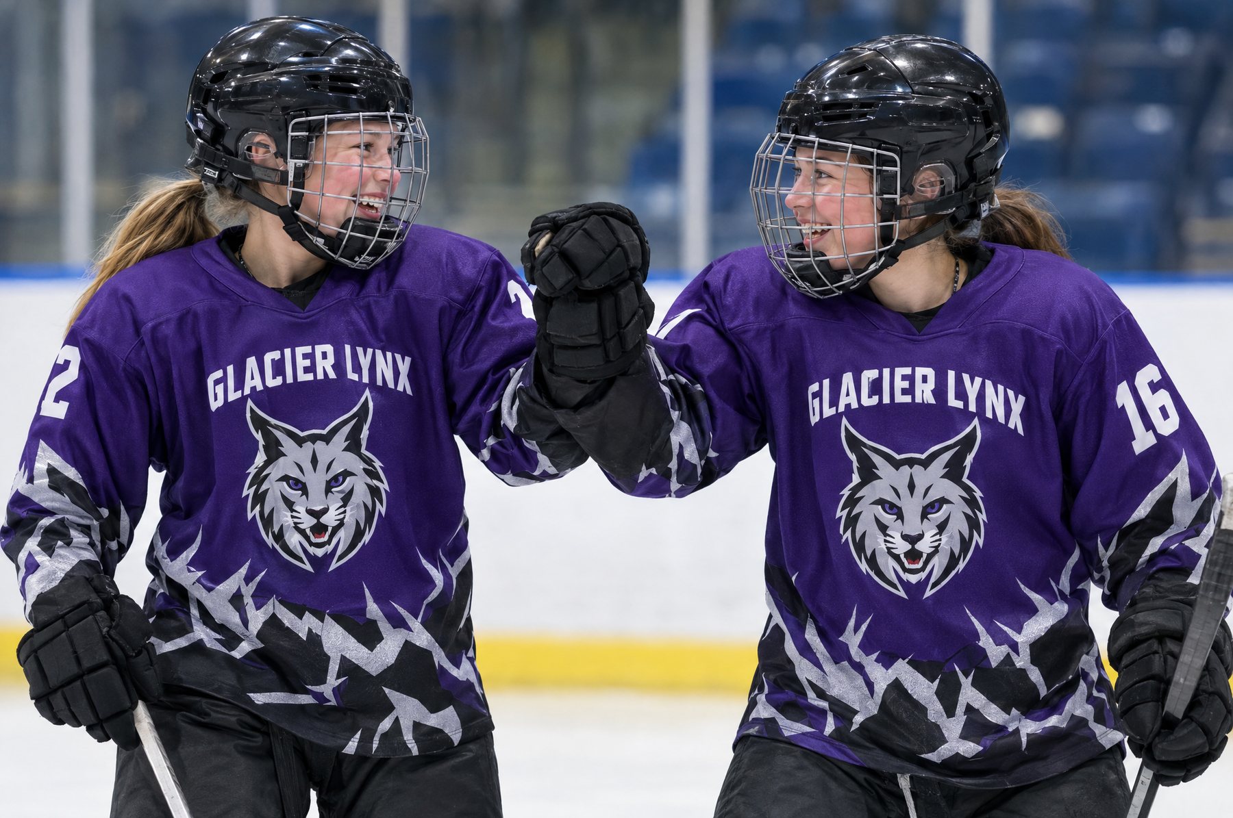 Deux coéquipières de hockey féminin en chandails des Glacier Lynx (exemples de design) se félicitent après un but Deux coéquipières de hockey féminin en chandails des Glacier Lynx (exemples de design) se félicitent après un but