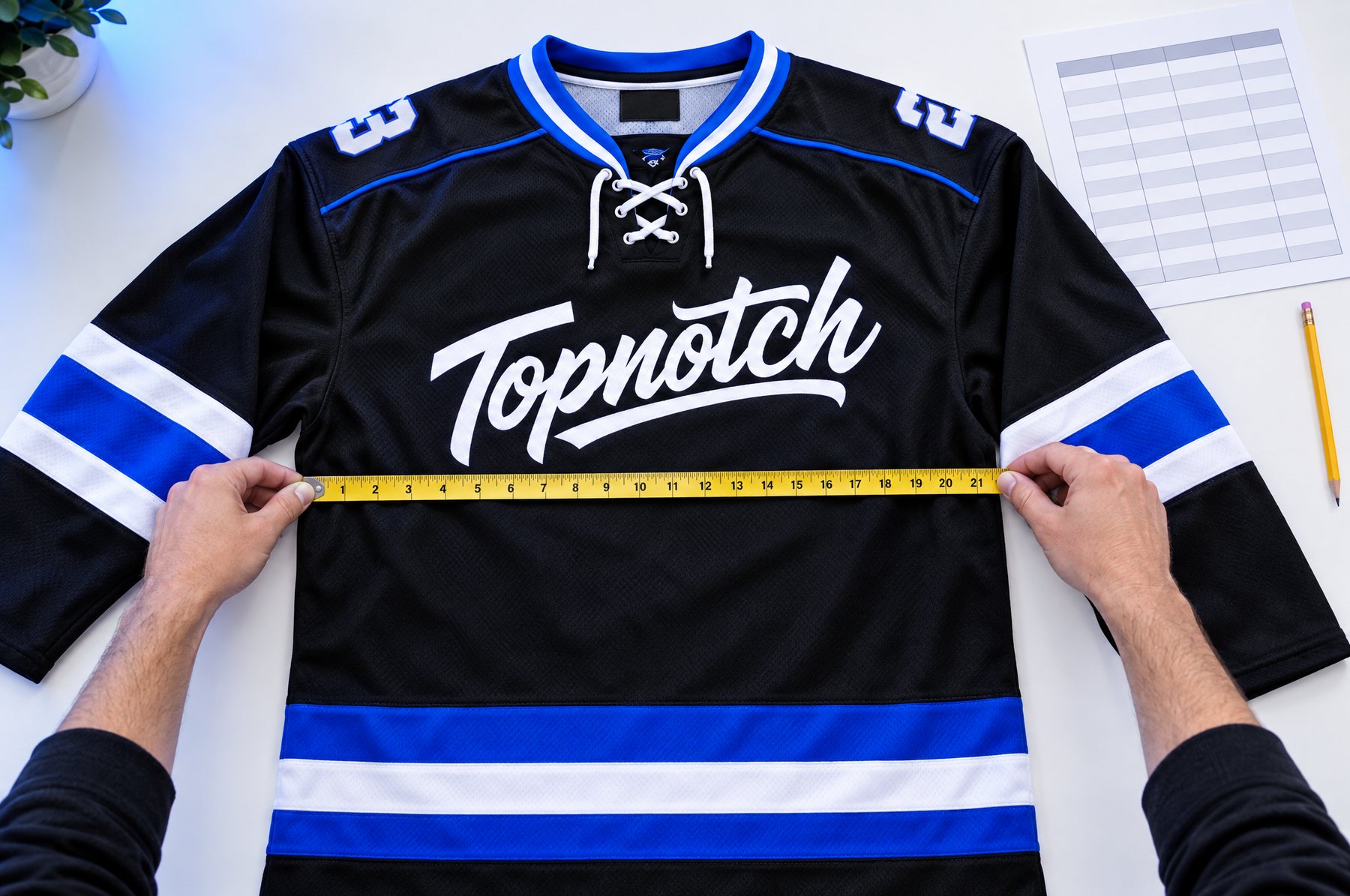 Des mains mesurent la poitrine d'un chandail de hockey Topnotch avec un ruban à mesurer, à côté d'un tableau des tailles Des mains mesurent la poitrine d'un chandail de hockey Topnotch avec un ruban à mesurer, à côté d'un tableau des tailles