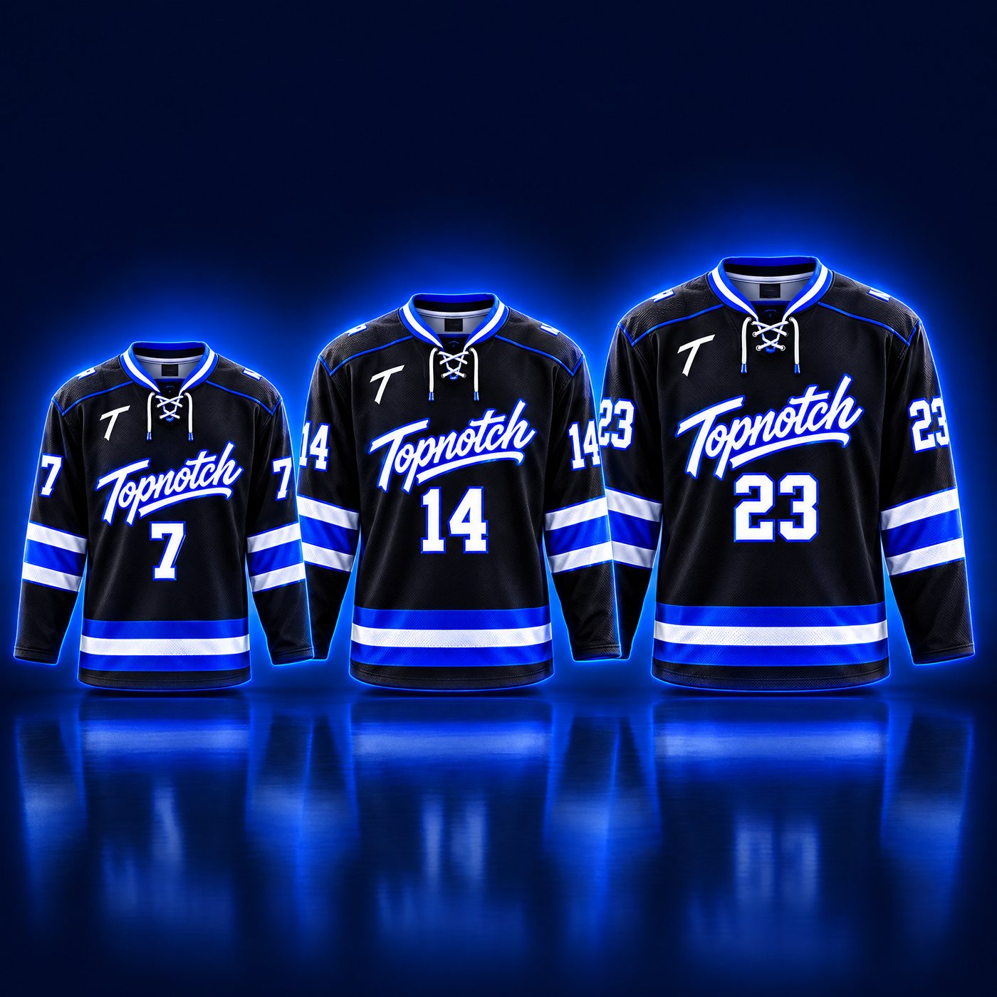 Exemple de design : le même chandail de hockey Topnotch en tailles enfant, junior et adulte