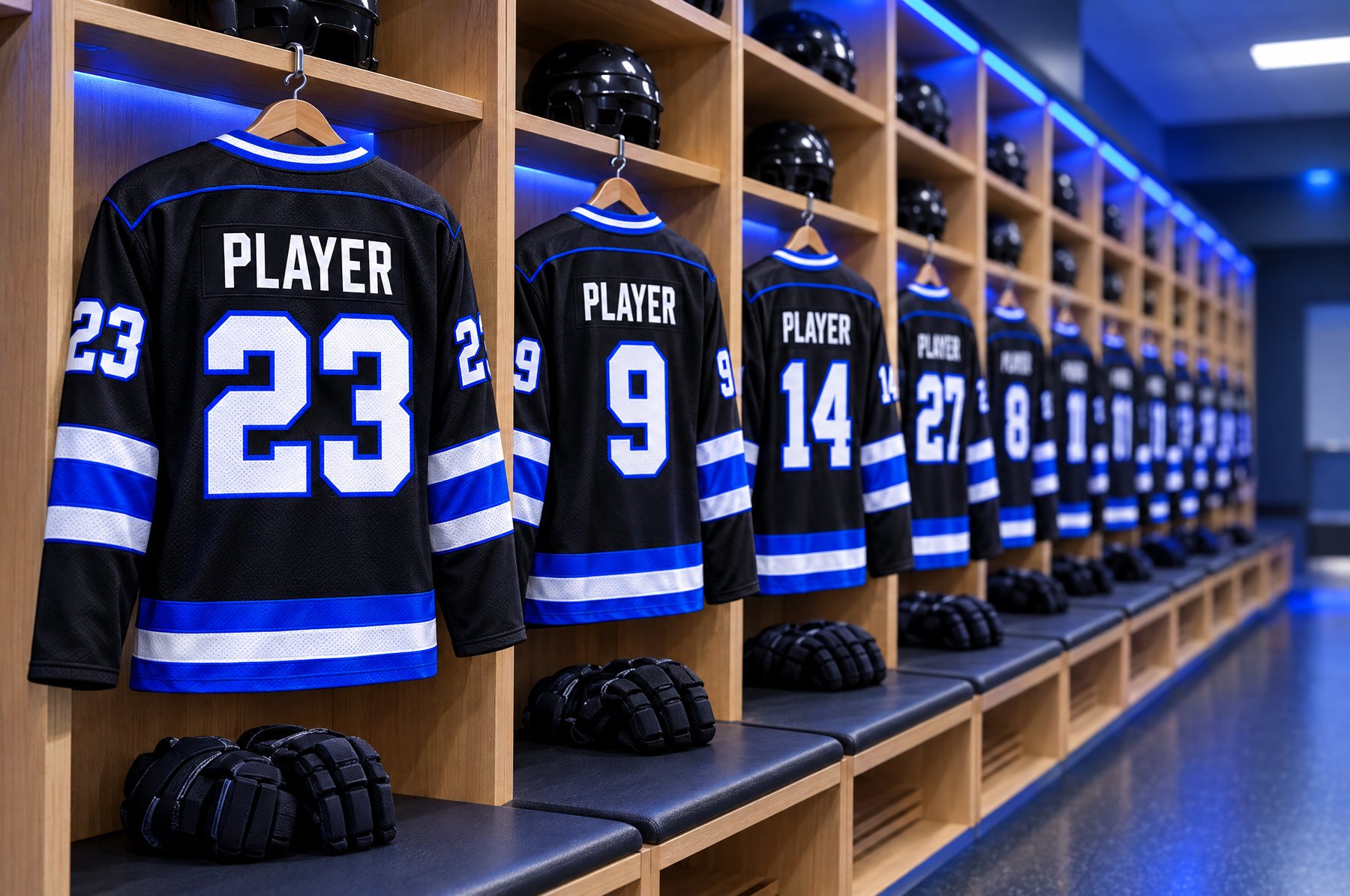 De nouveaux chandails de hockey noirs et bleu électrique, avec noms et numéros, suspendus dans un vestiaire De nouveaux chandails de hockey noirs et bleu électrique, avec noms et numéros, suspendus dans un vestiaire