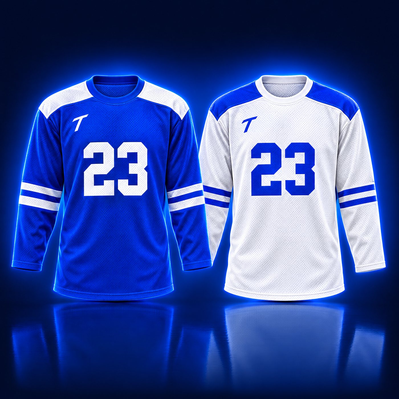 Exemple de design : chandails d'entraînement de hockey bleu électrique et blanc avec gros numéros