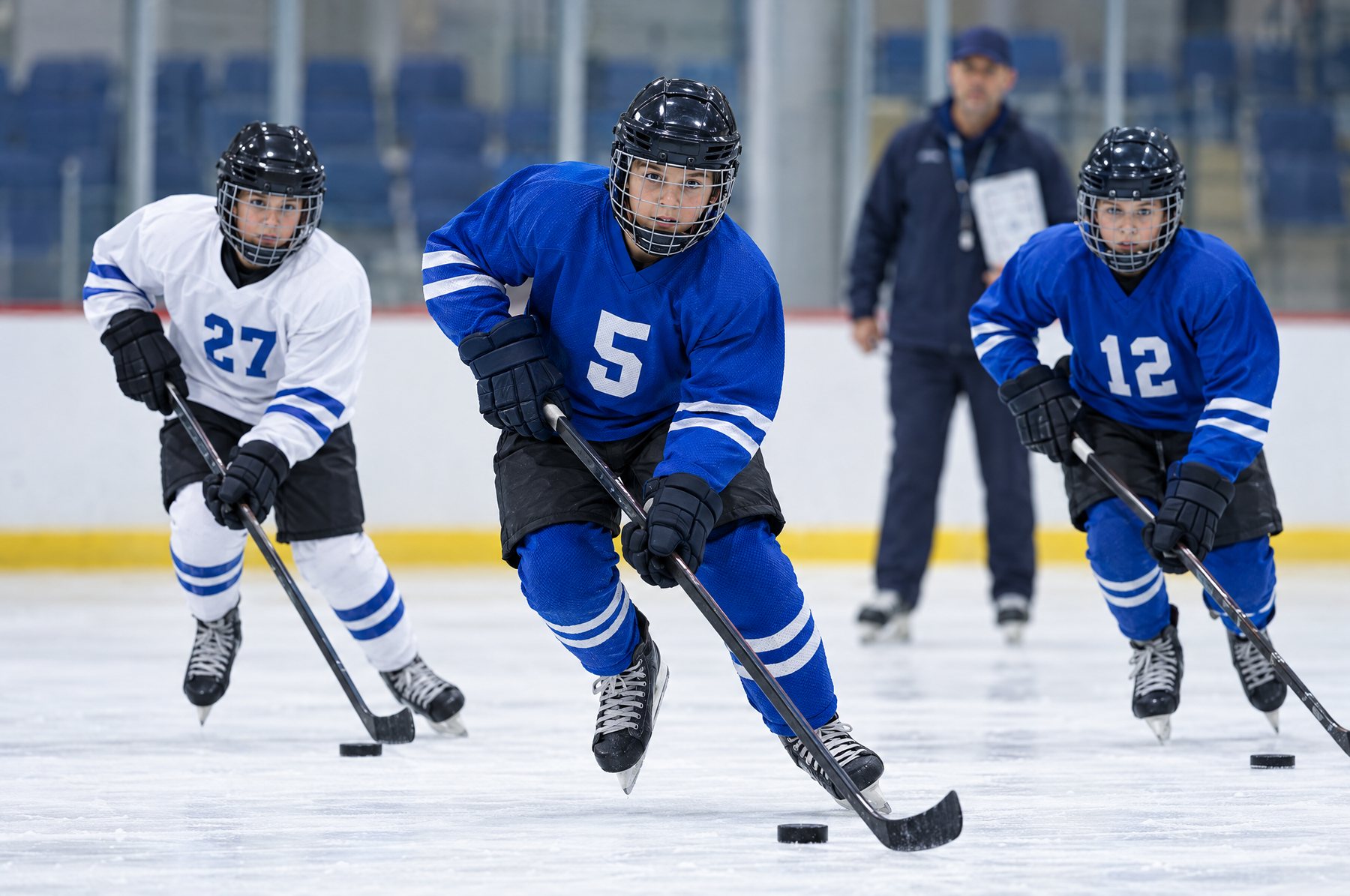 Jeunes joueurs de hockey en chandails d'entraînement bleus et blancs patinant avec des rondelles pendant un exercice Jeunes joueurs de hockey en chandails d'entraînement bleus et blancs patinant avec des rondelles pendant un exercice