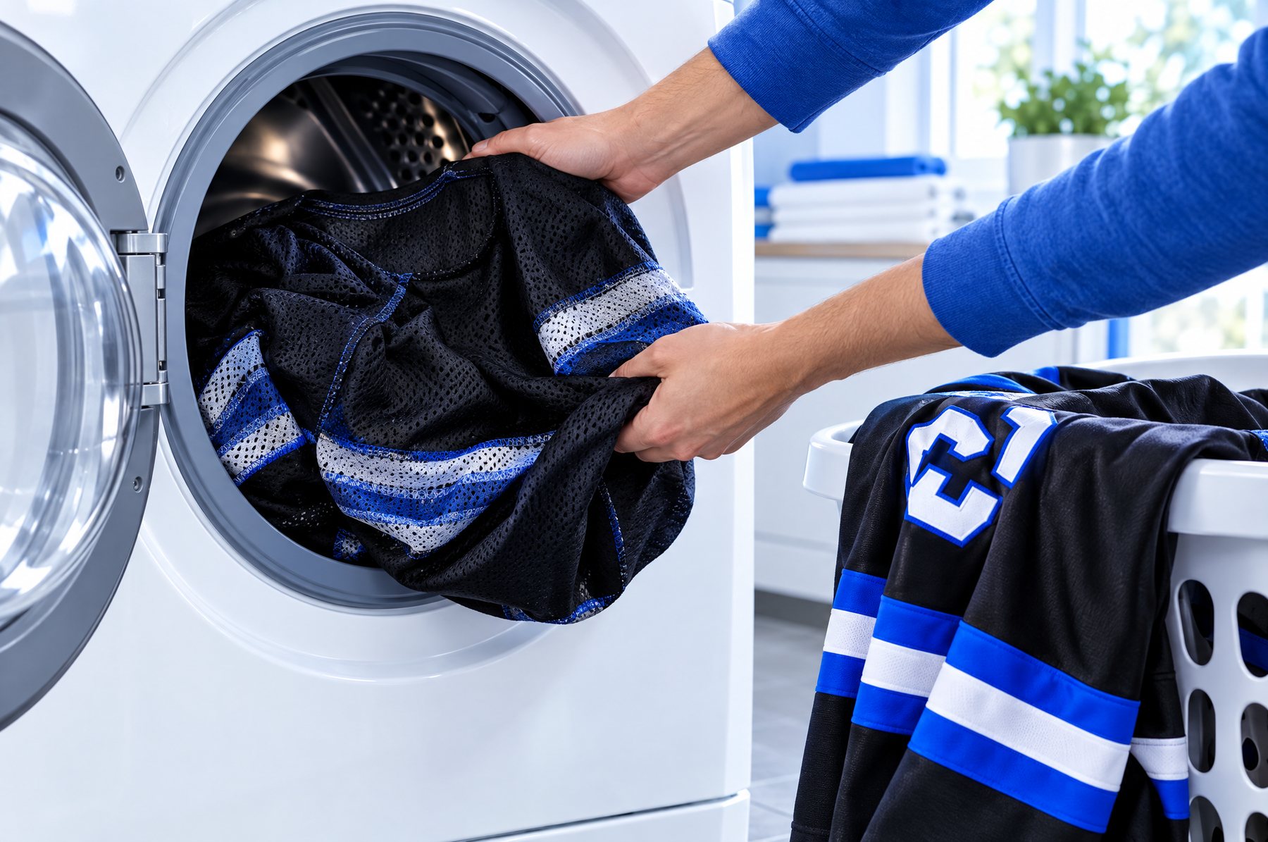 Un chandail de hockey retourné à l'envers est placé dans une laveuse à chargement frontal Un chandail de hockey retourné à l'envers est placé dans une laveuse à chargement frontal