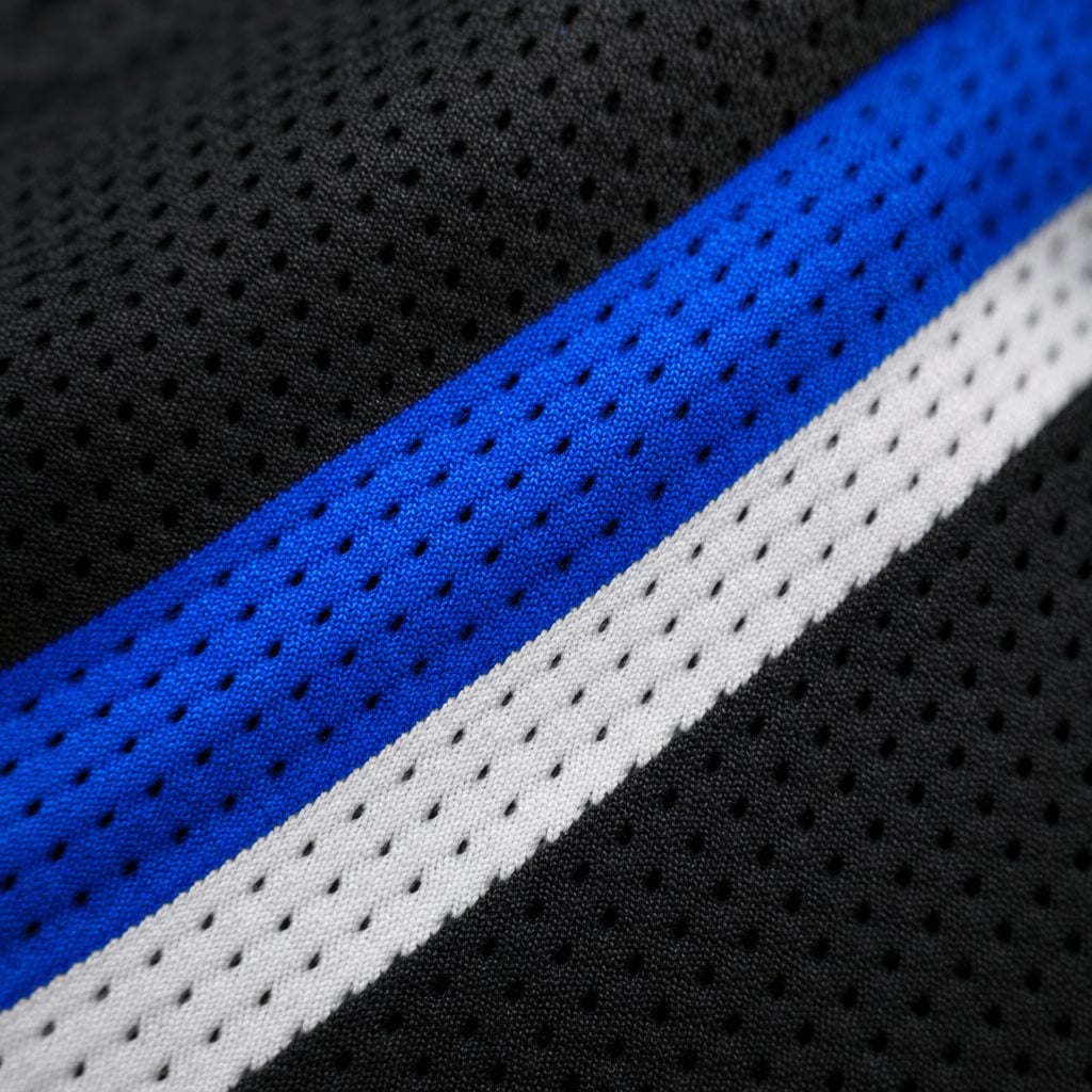 Gros plan d'un tissu technique respirant de chandail de hockey en noir, bleu électrique et blanc