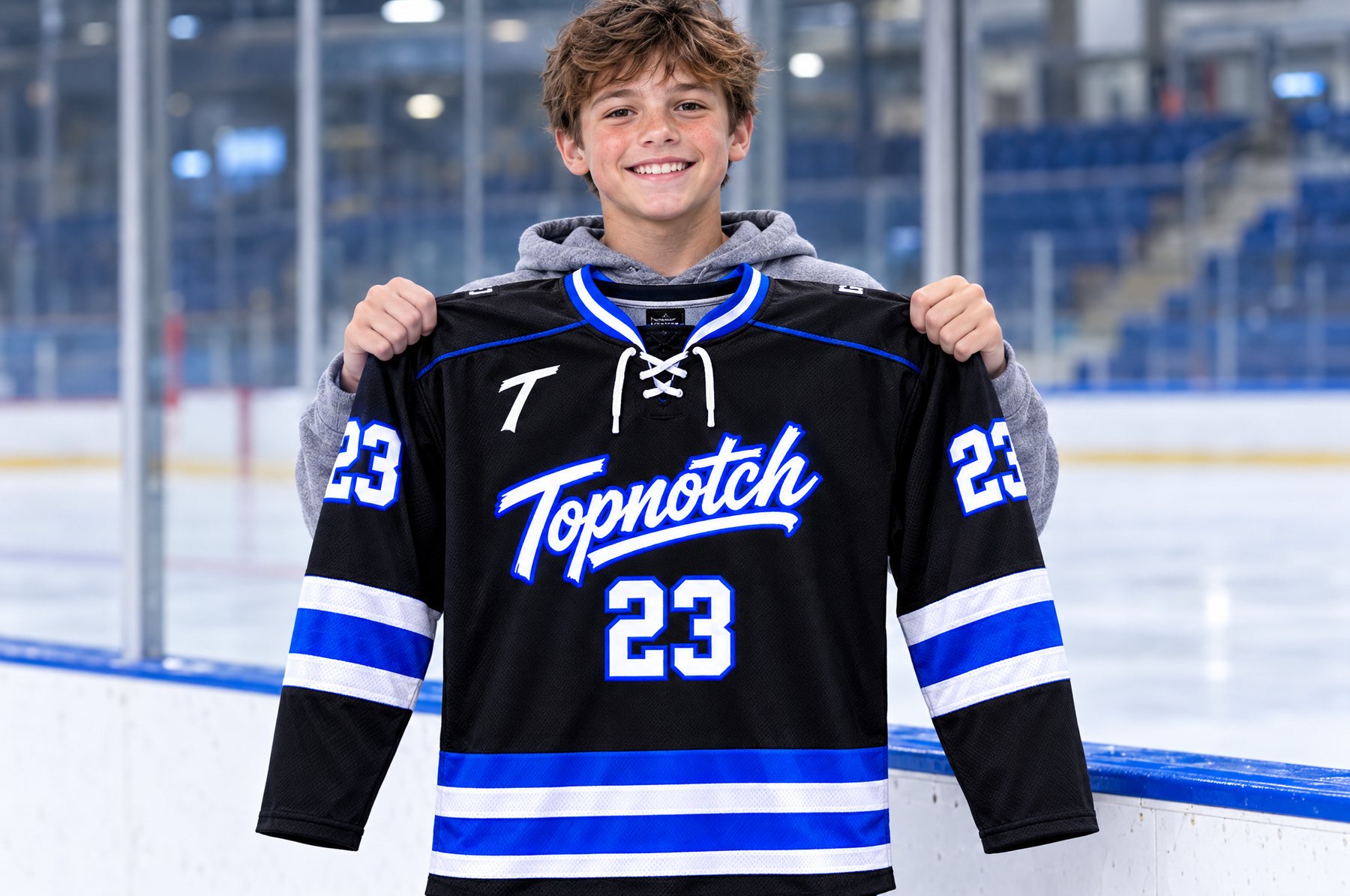 Un jeune joueur montre un nouveau chandail de hockey Topnotch noir et bleu électrique, numéro 23, à l'aréna Un jeune joueur montre un nouveau chandail de hockey Topnotch noir et bleu électrique, numéro 23, à l'aréna