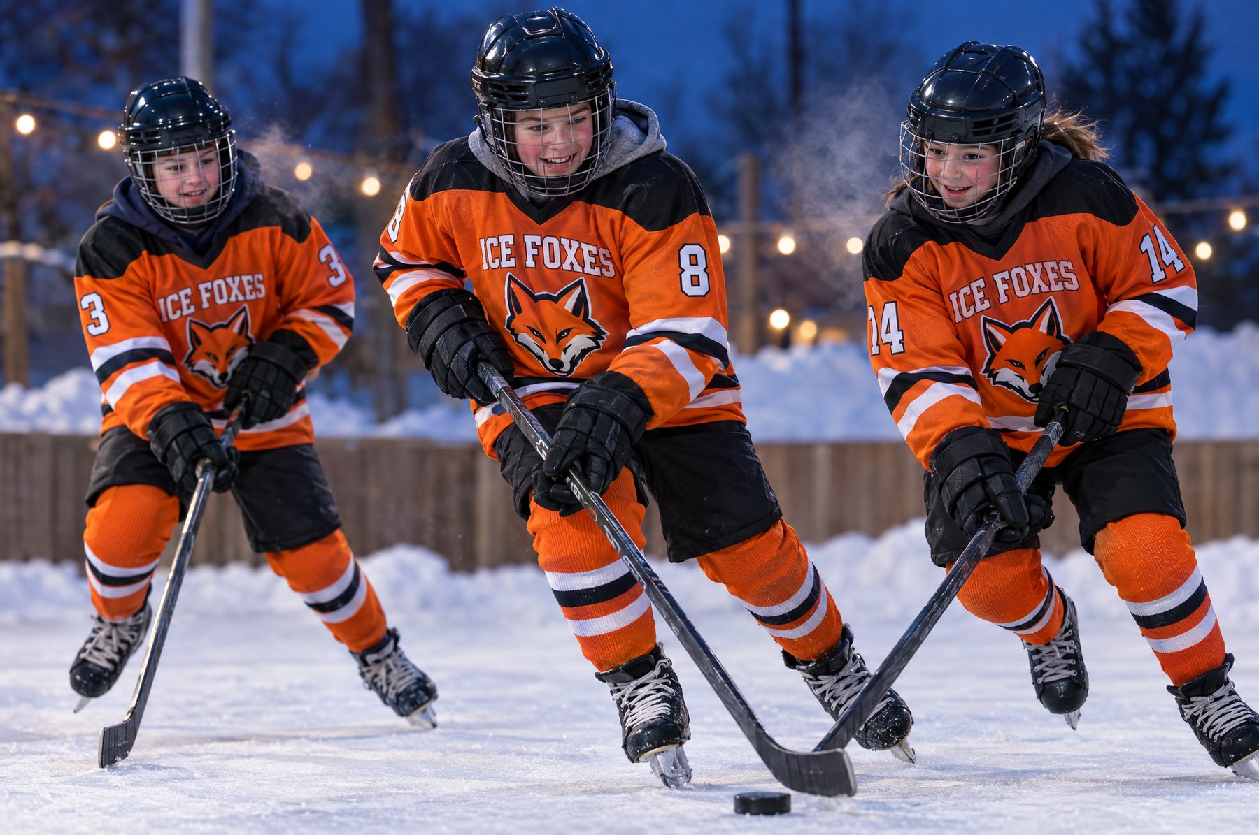 Des enfants en chandails des Ice Foxes (exemples de design) jouent au hockey sur une patinoire extérieure à la tombée du jour Des enfants en chandails des Ice Foxes (exemples de design) jouent au hockey sur une patinoire extérieure à la tombée du jour