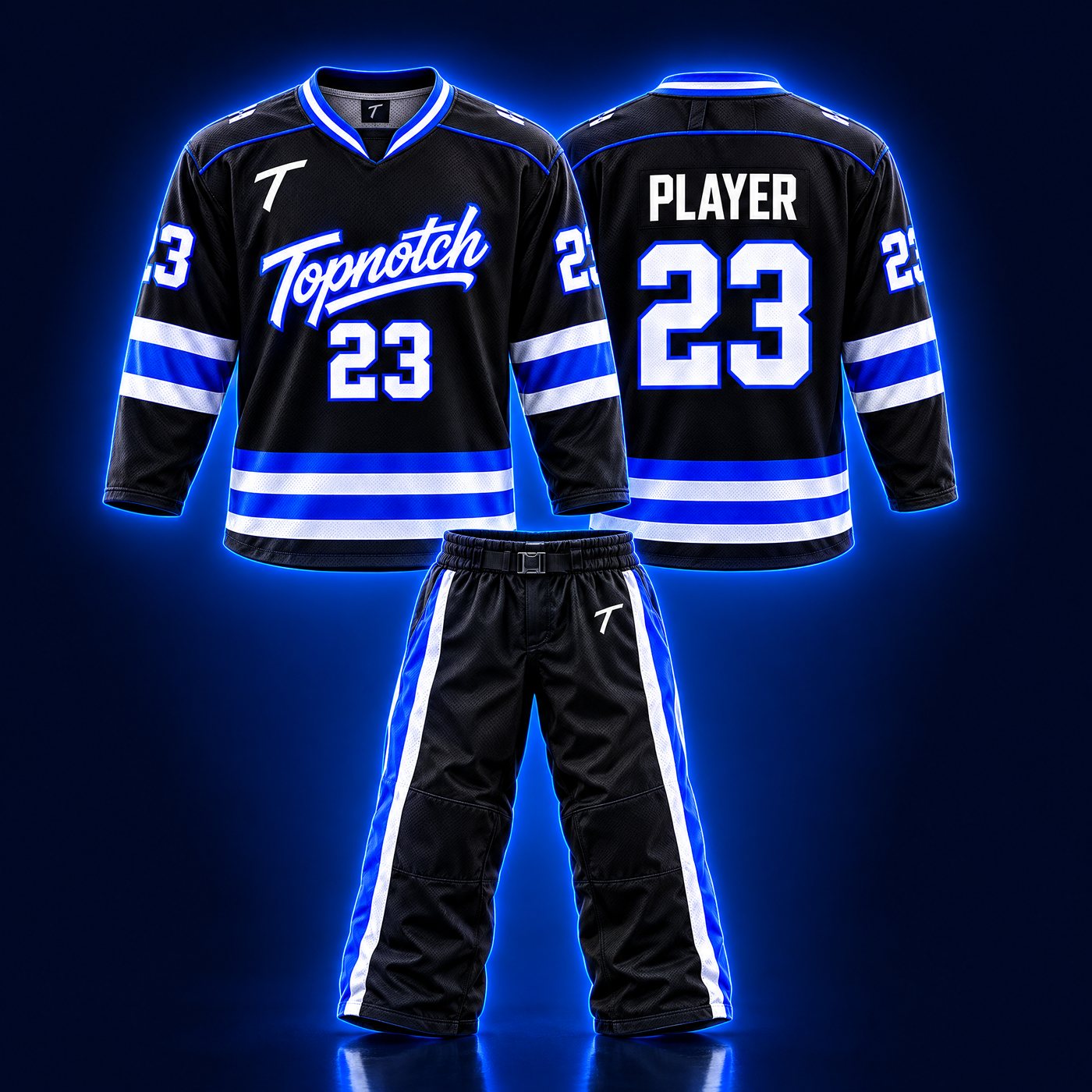 Exemple de design : chandail de roller-hockey Topnotch, avant et arrière, avec pantalon long de roller-hockey