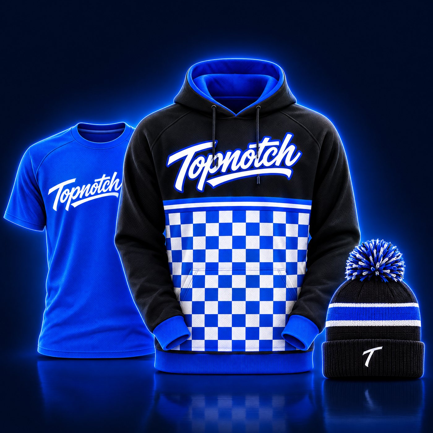 Exemple de design : vêtements aux couleurs de l'équipe Topnotch, soit un coton ouaté à capuchon, un t-shirt et une tuque