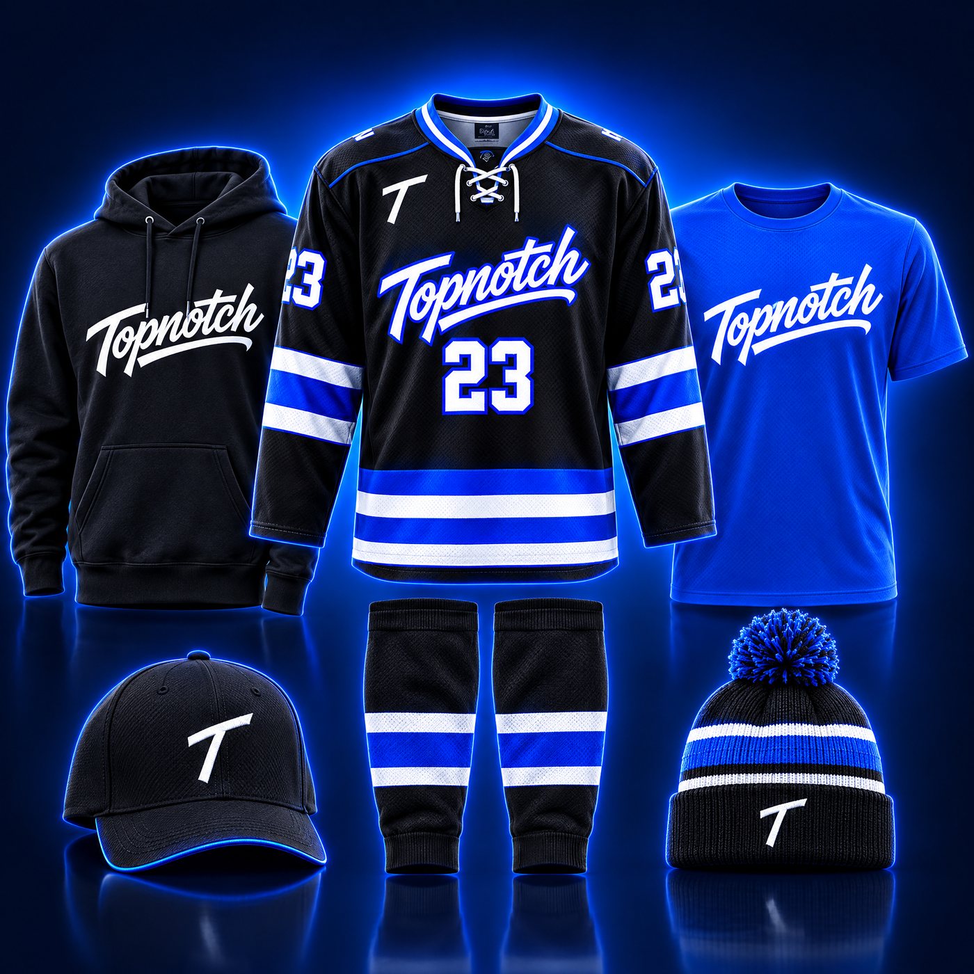 Exemple de design : assortiment de boutique d'équipe Topnotch avec chandail de hockey, coton ouaté à capuchon, t-shirt, casquette, bas et tuque