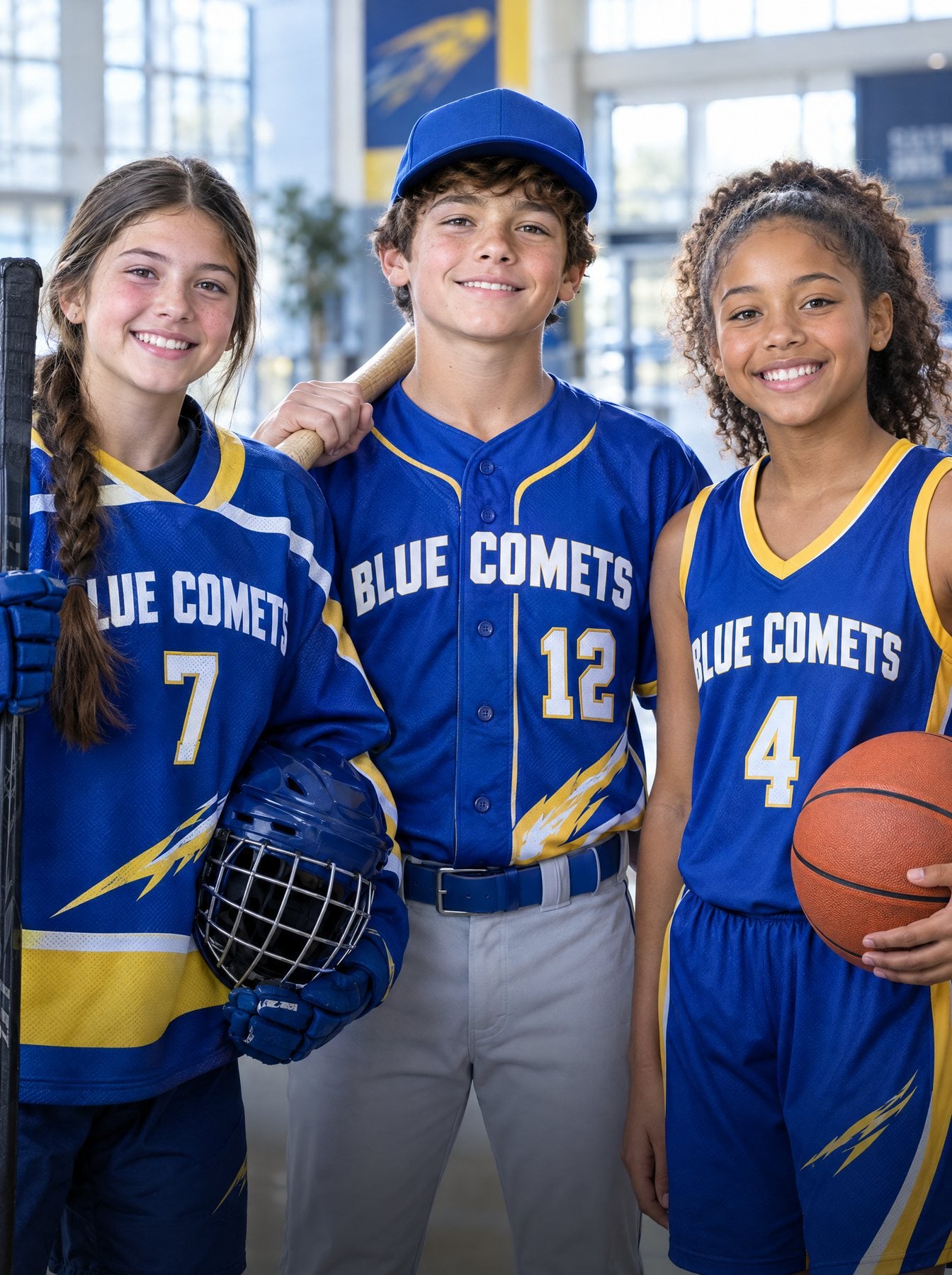 Trois jeunes athlètes en uniformes assortis des Blue Comets (exemples de design) pour le hockey, le baseball et le basketball