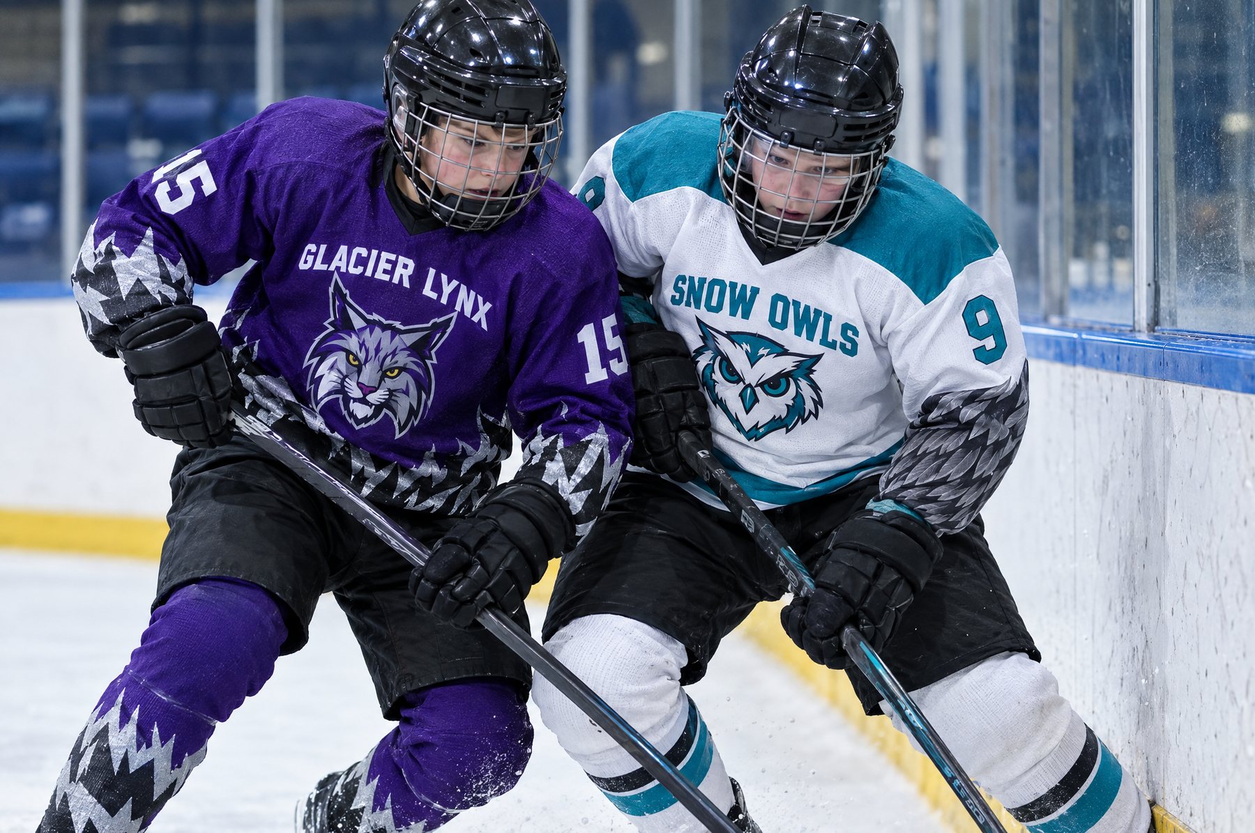 Deux jeunes joueurs de hockey en chandails des Glacier Lynx et des Snow Owls (exemples de design) se disputent la rondelle le long de la bande Deux jeunes joueurs de hockey en chandails des Glacier Lynx et des Snow Owls (exemples de design) se disputent la rondelle le long de la bande