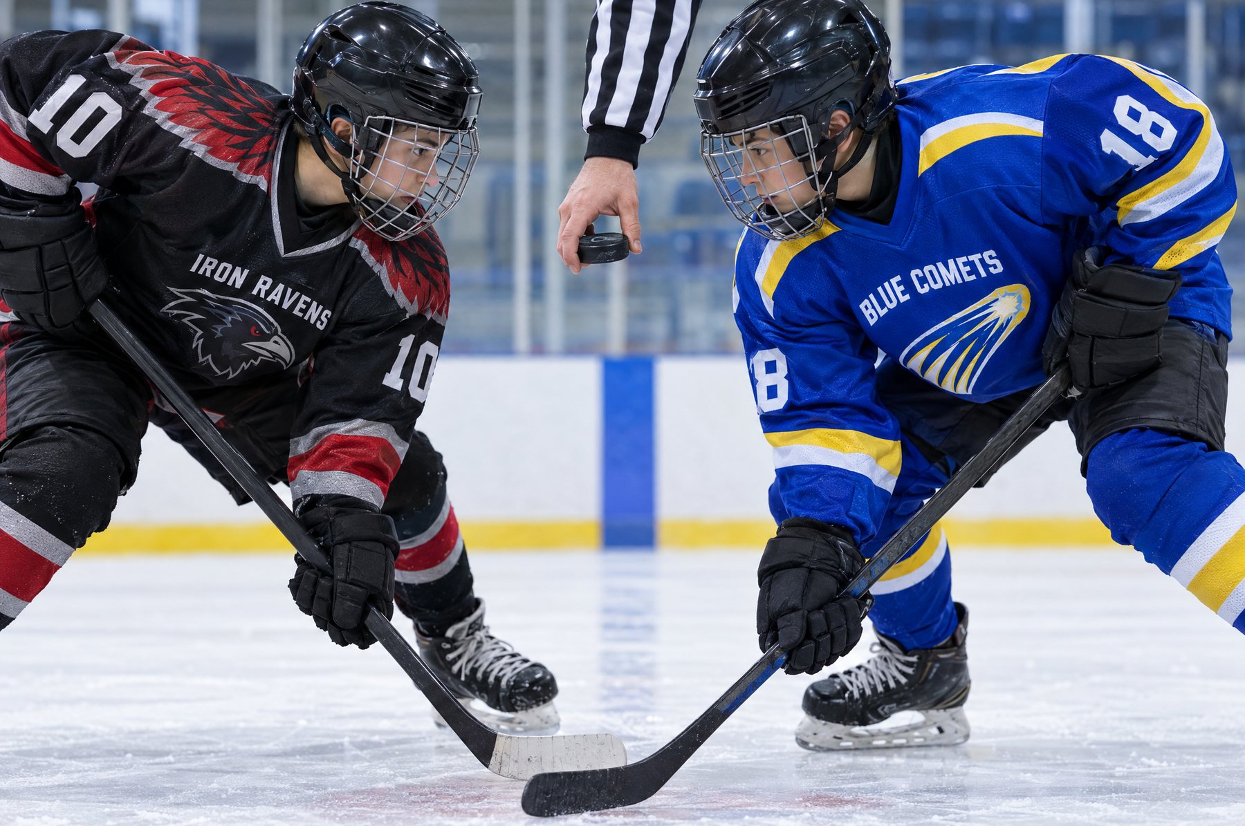 Two youth hockey players in Iron Ravens and Blue Comets example jerseys line up for a faceoff
