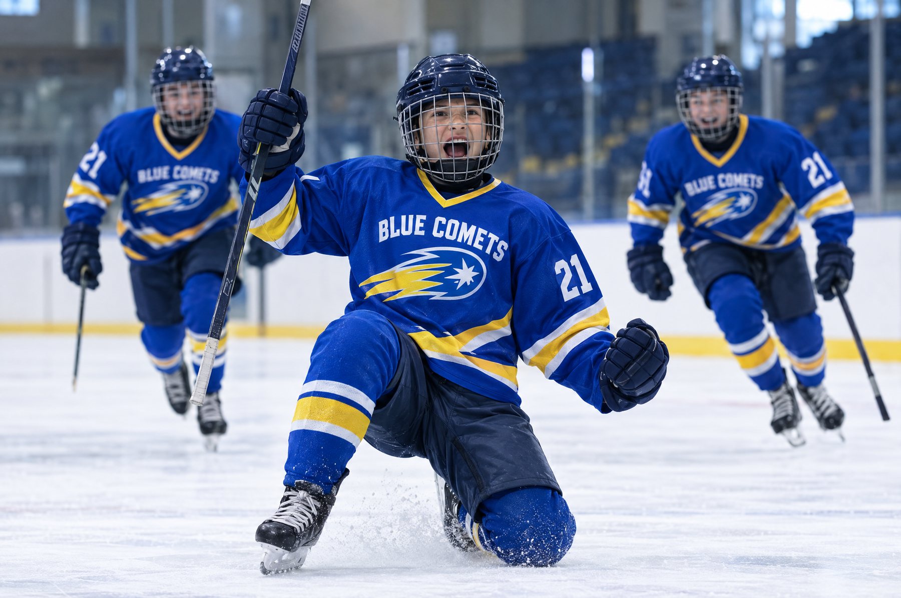 Jeune joueur de hockey en chandail des Blue Comets (exemple de design) célébrant un but, un genou sur la glace Jeune joueur de hockey en chandail des Blue Comets (exemple de design) célébrant un but, un genou sur la glace